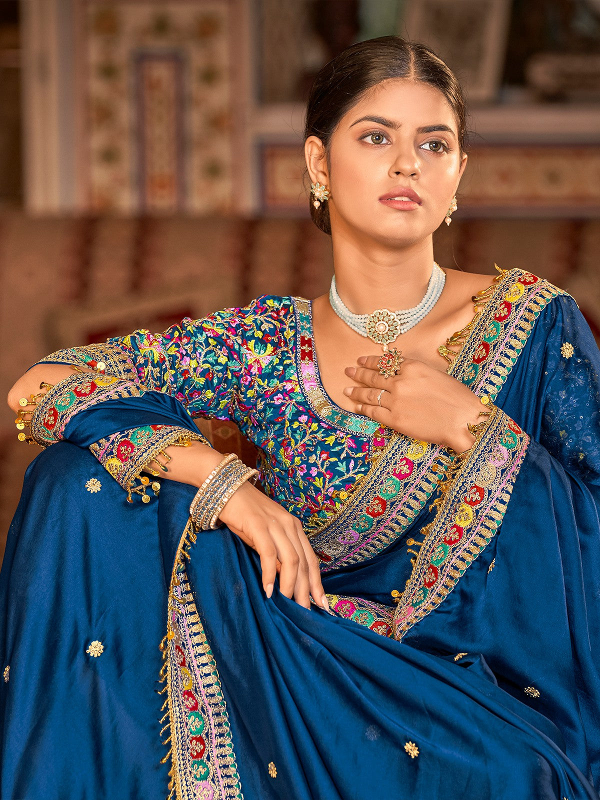 Dark Blue Organza Embroidered Saree With Unstitched Blouse