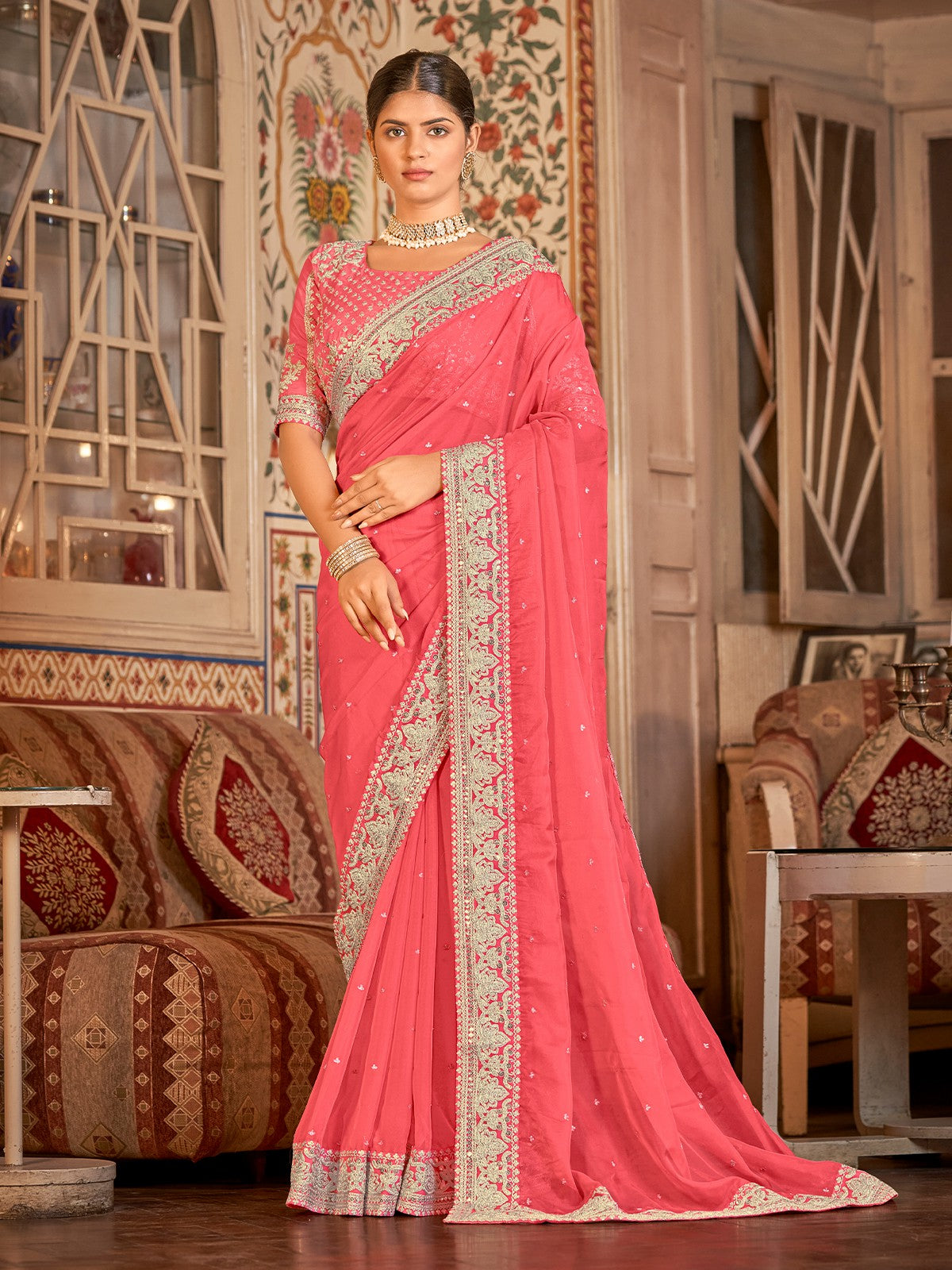 Pink Organza Embroidered Saree With Unstitched Blouse