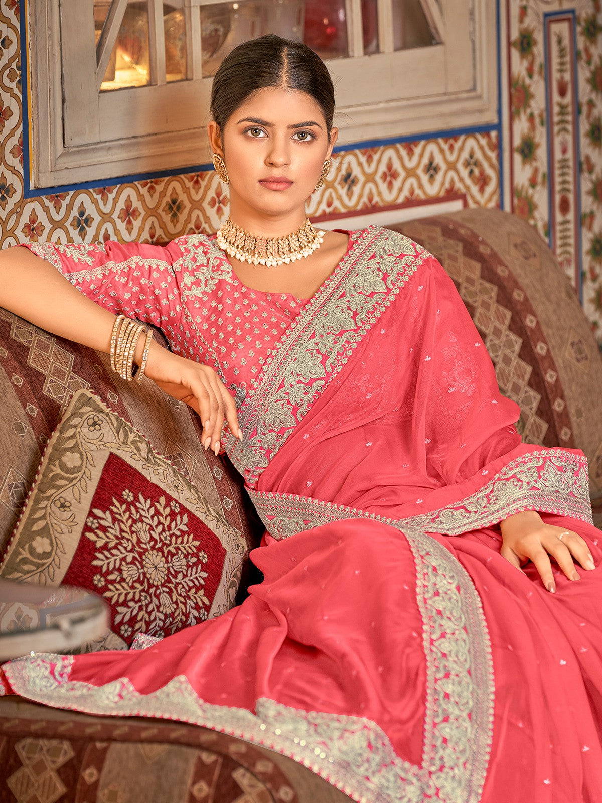 Pink Organza Embroidered Saree With Unstitched Blouse