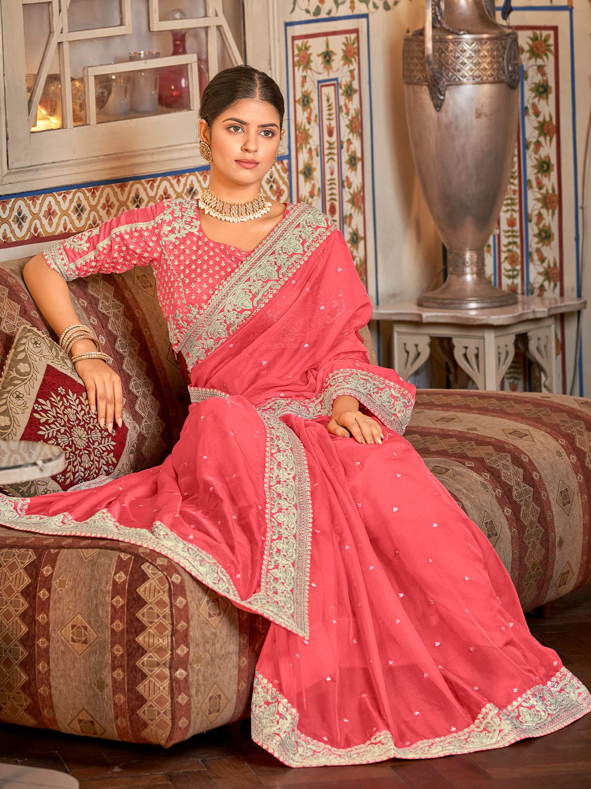 Pink Organza Embroidered Saree With Unstitched Blouse