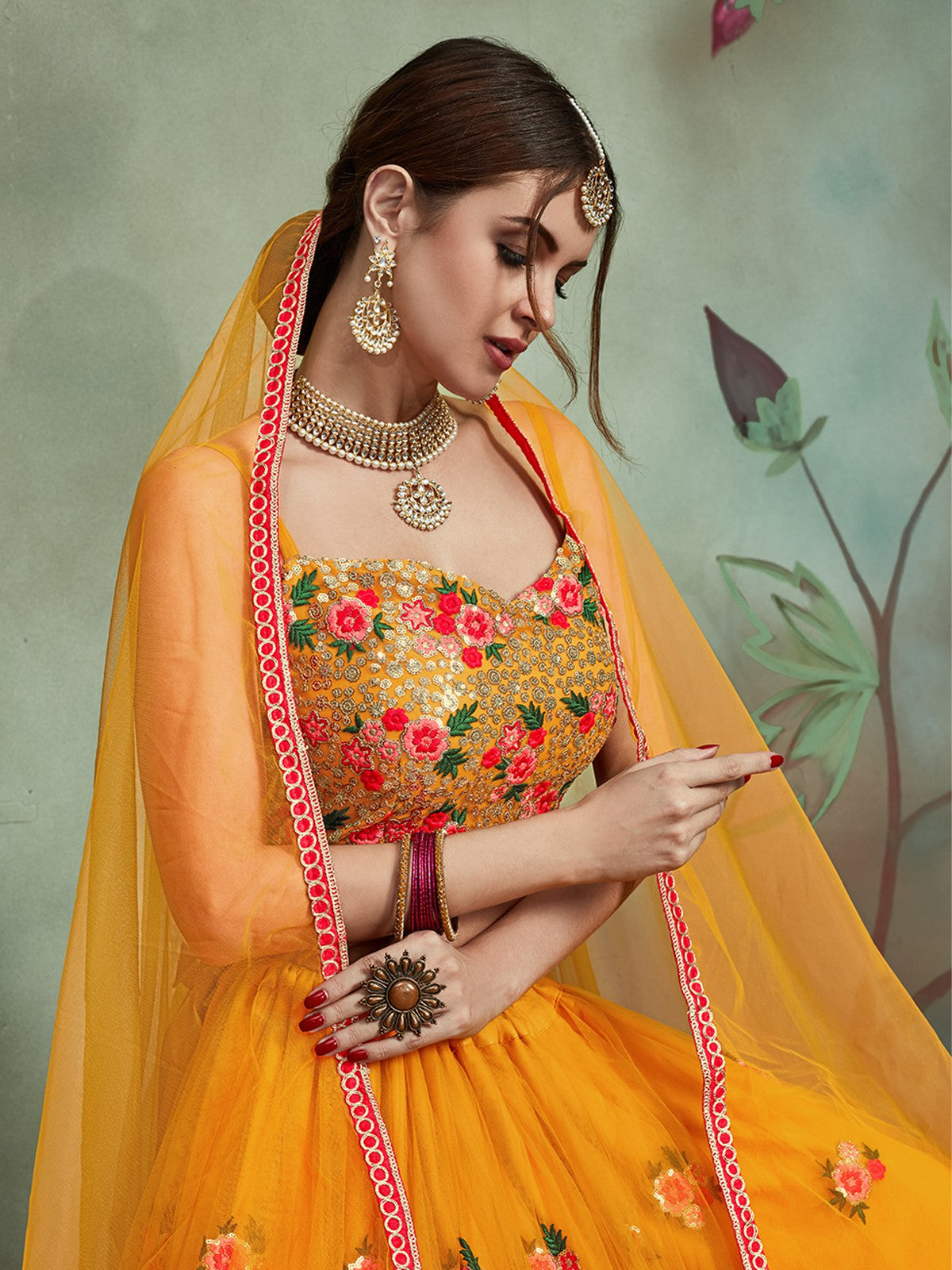 Mustard Color Soft Net Sequins Semi Stitched Lehenga With Unstitched Blouse