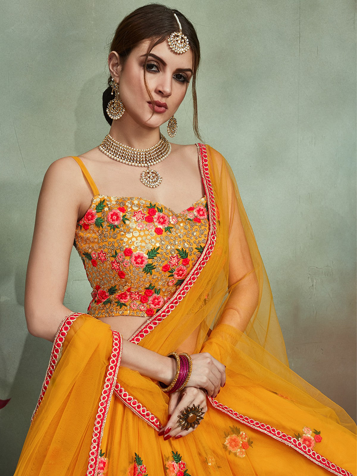 Mustard Color Soft Net Sequins Semi Stitched Lehenga With Unstitched Blouse