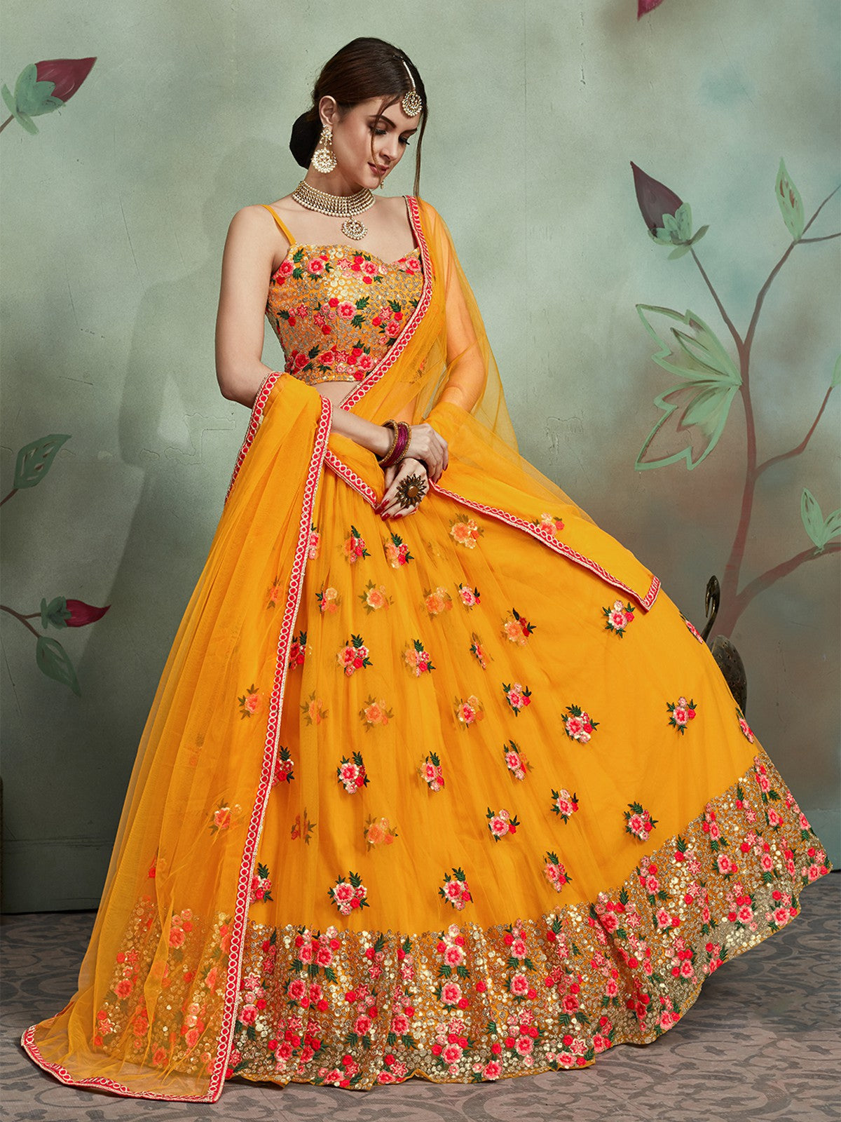 Mustard Color Soft Net Sequins Semi Stitched Lehenga With Unstitched Blouse