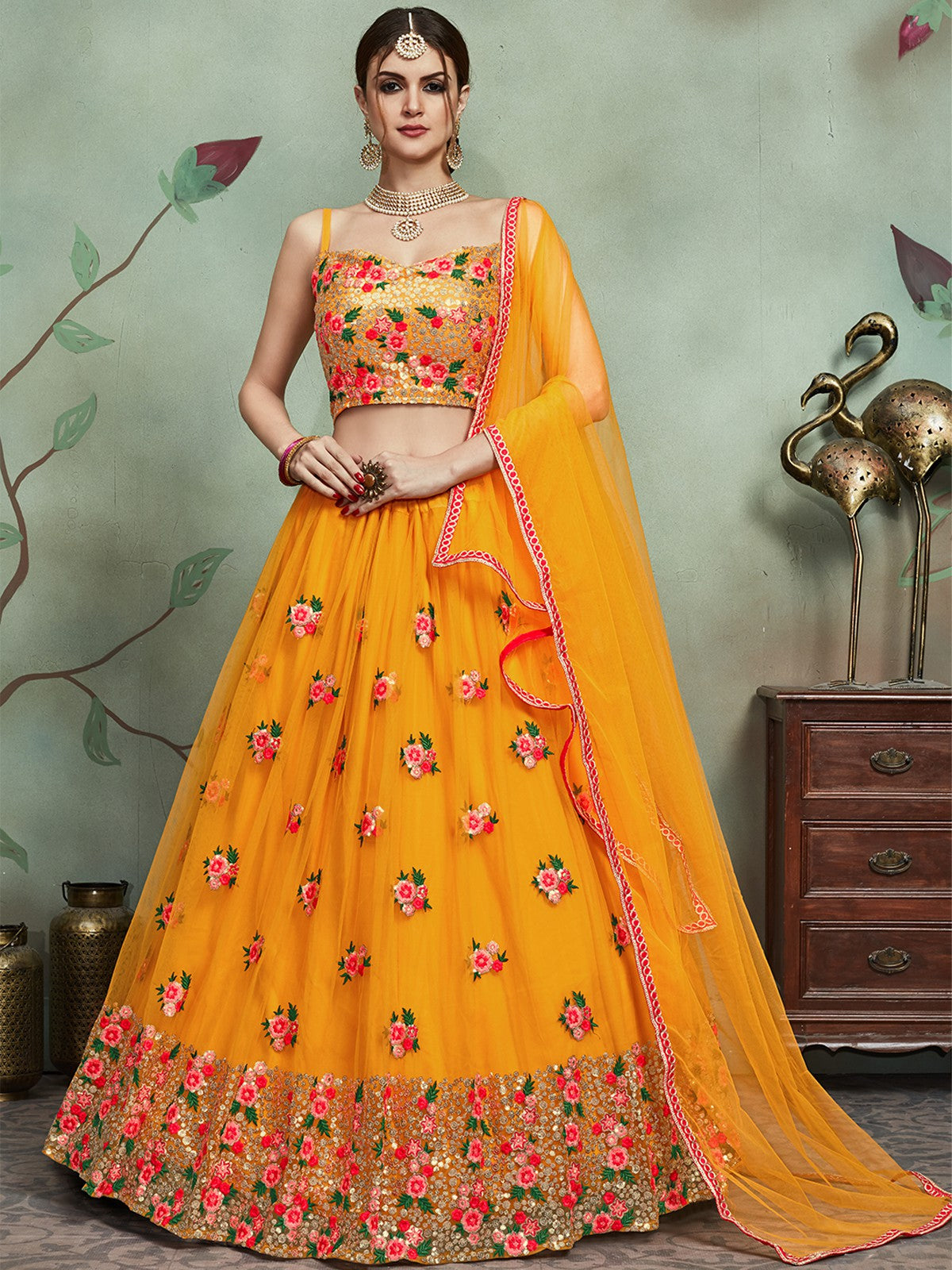 Mustard Color Soft Net Sequins Semi Stitched Lehenga With Unstitched Blouse