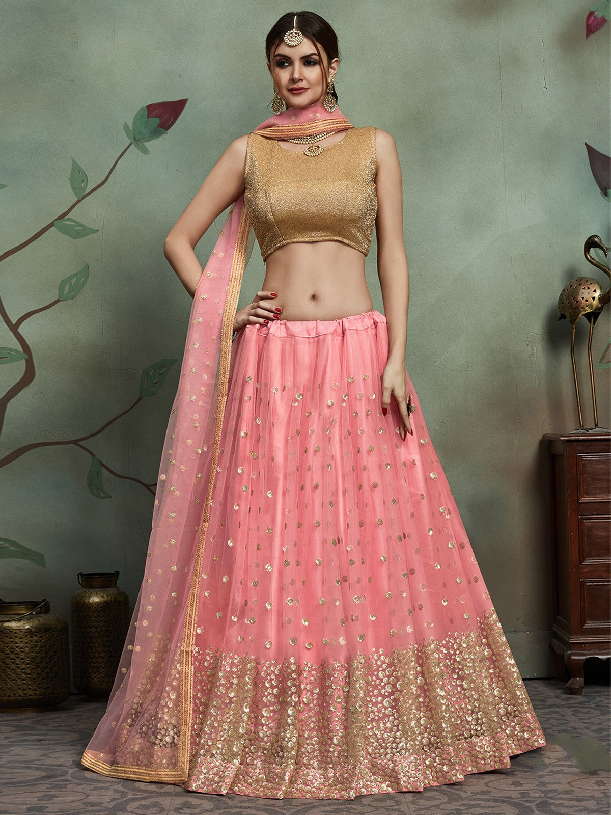 Peach Soft Net Sequins Semi Stitched Lehenga With Unstitched Blouse