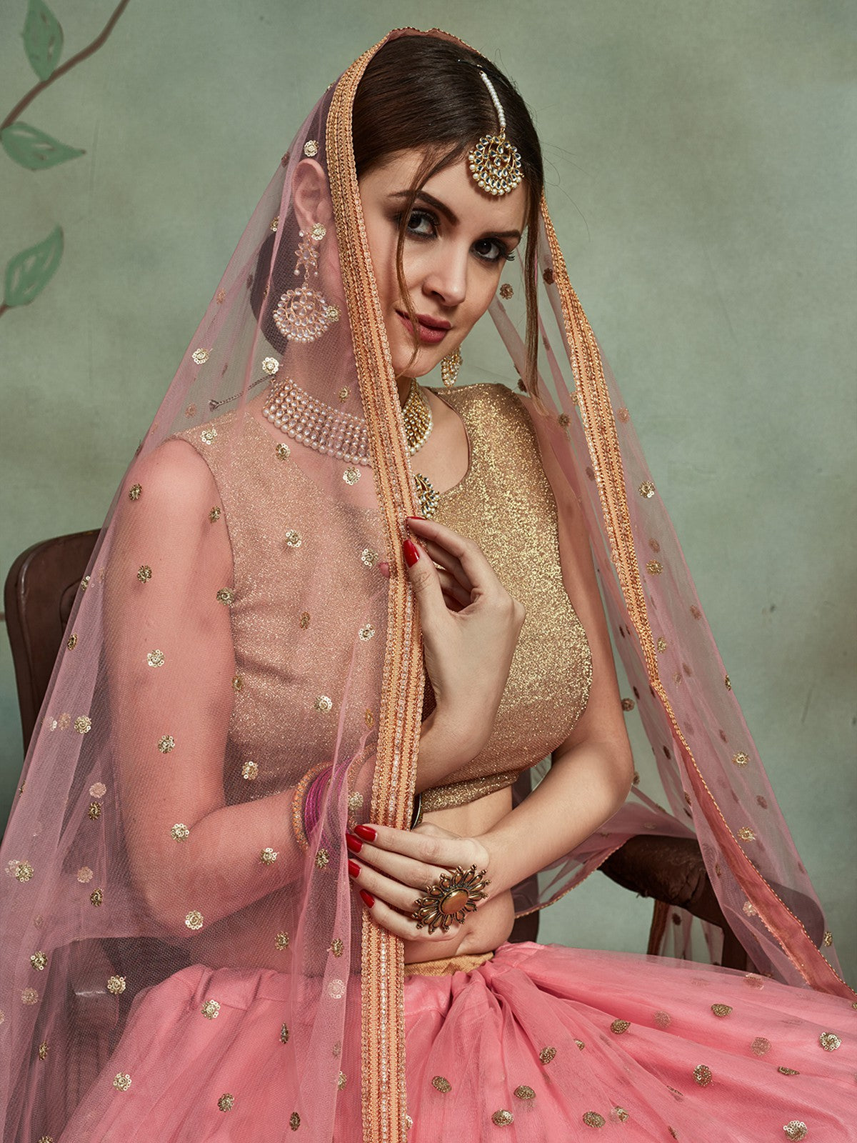 Peach Soft Net Sequins Semi Stitched Lehenga With Unstitched Blouse