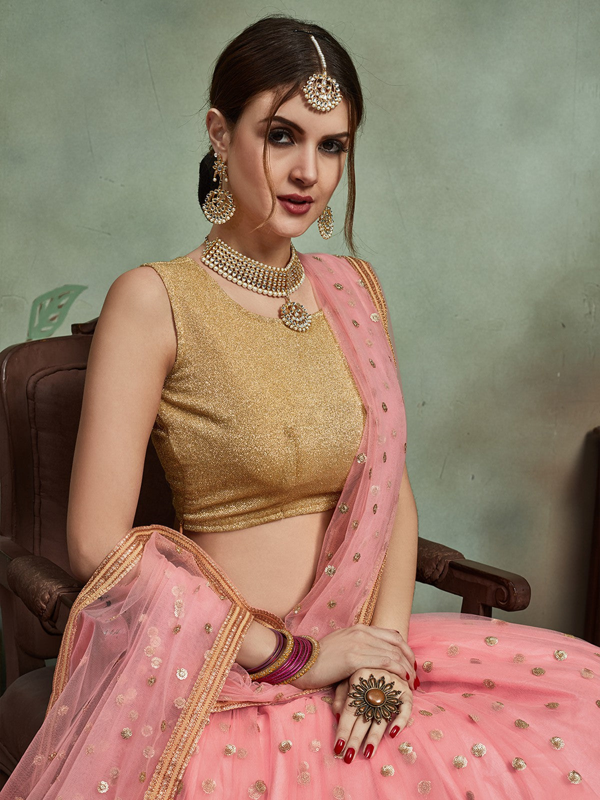 Peach Soft Net Sequins Semi Stitched Lehenga With Unstitched Blouse