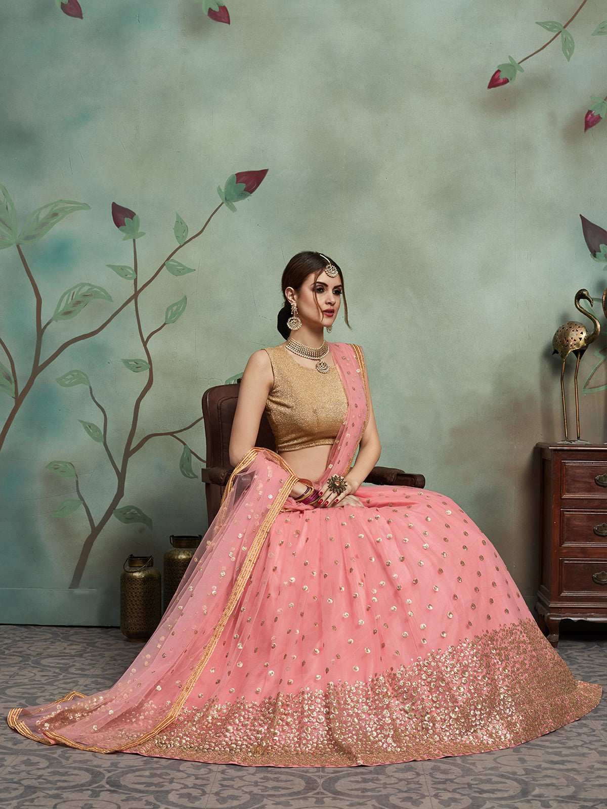 Peach Soft Net Sequins Semi Stitched Lehenga With Unstitched Blouse
