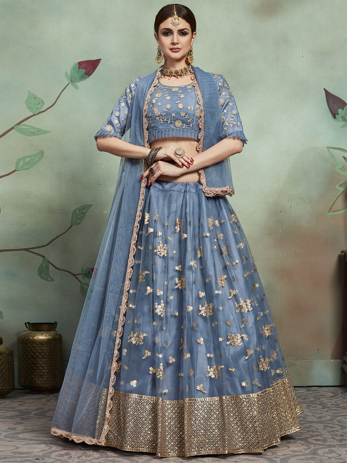 Grey Designer Semi Stitched Lehenga With Unstitched Blouse