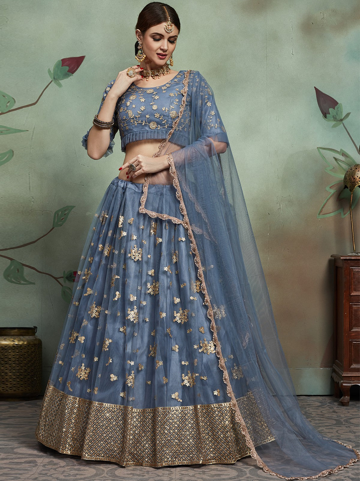 Grey Designer Semi Stitched Lehenga With Unstitched Blouse