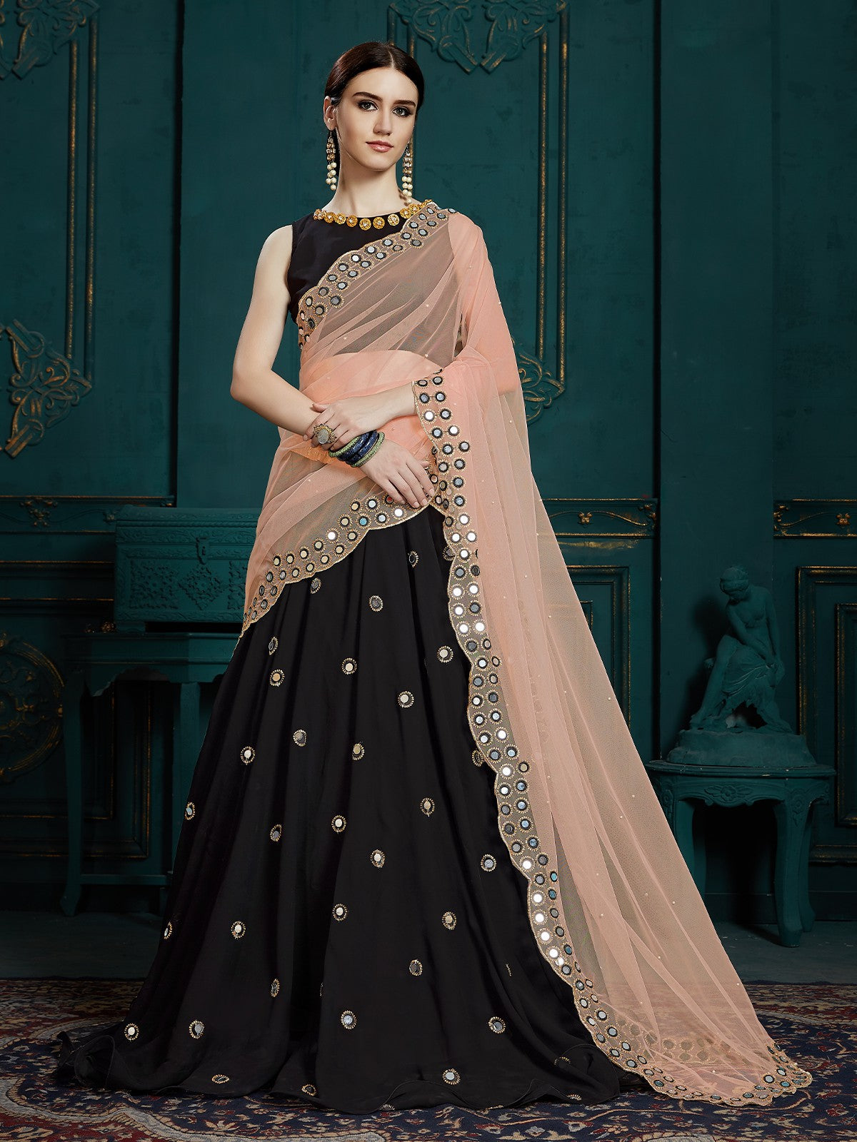 Black Classy Semi Stitched Lehenga With Unstitched Blouse