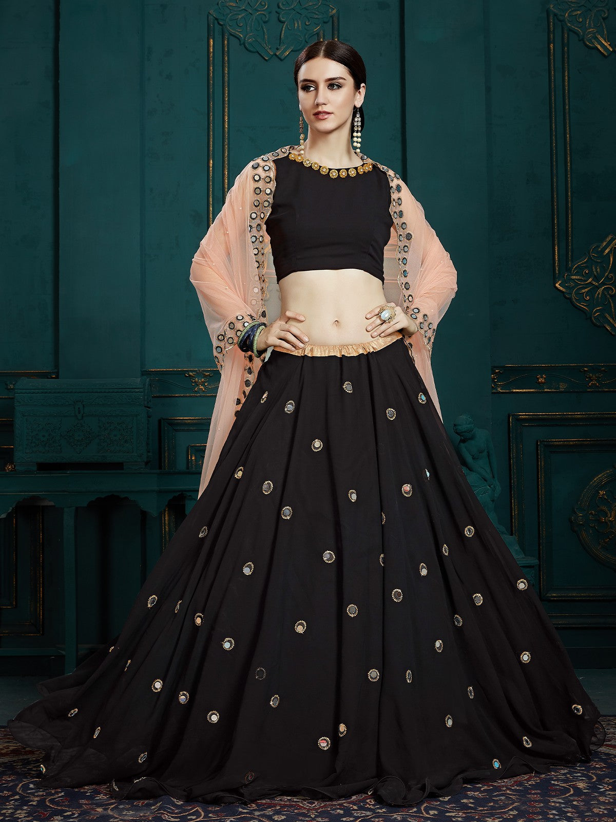 Black Classy Semi Stitched Lehenga With Unstitched Blouse