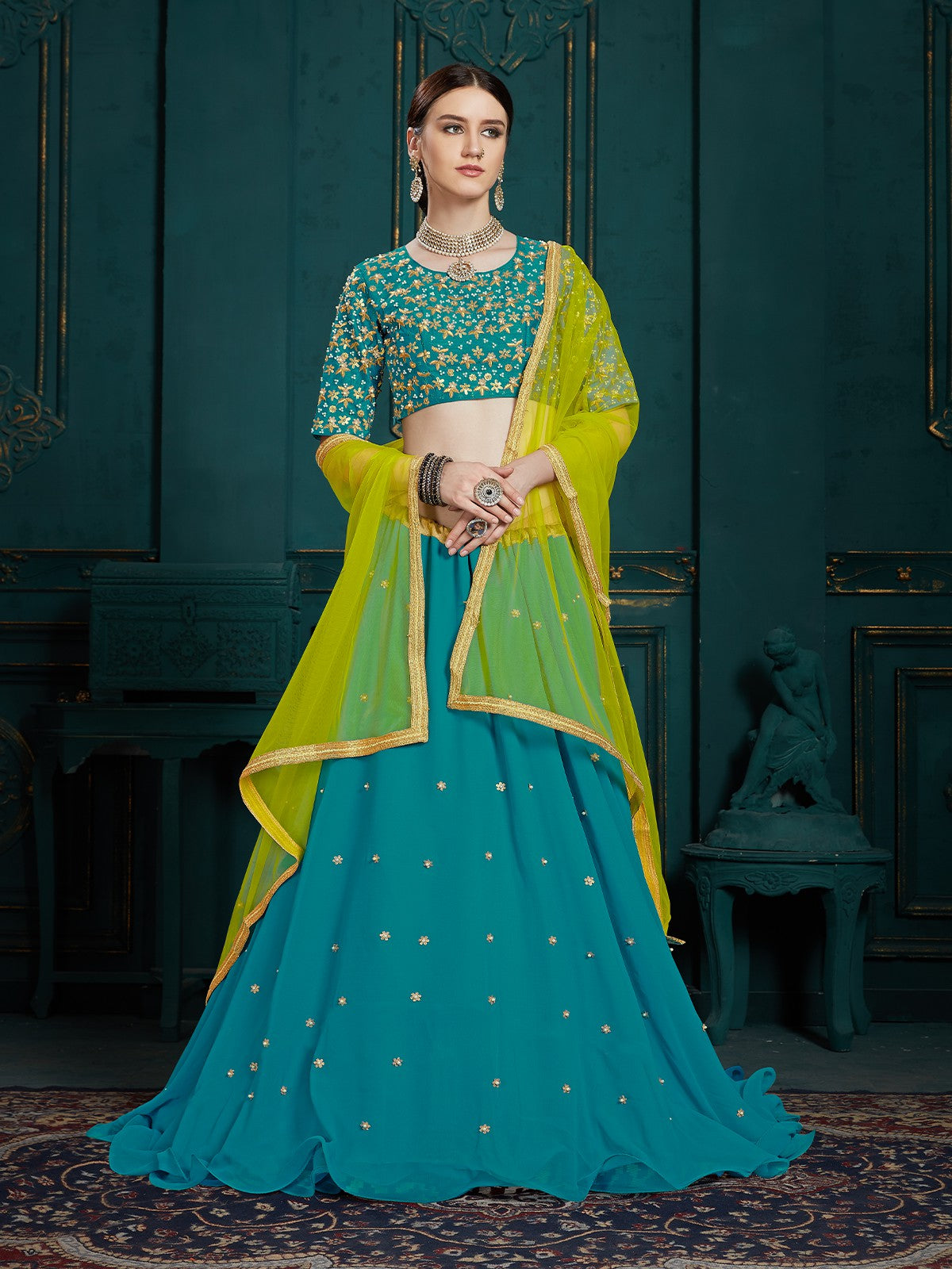 Teal Georgette Sassy Semi Stitched Lehenga With Unstitched Blouse