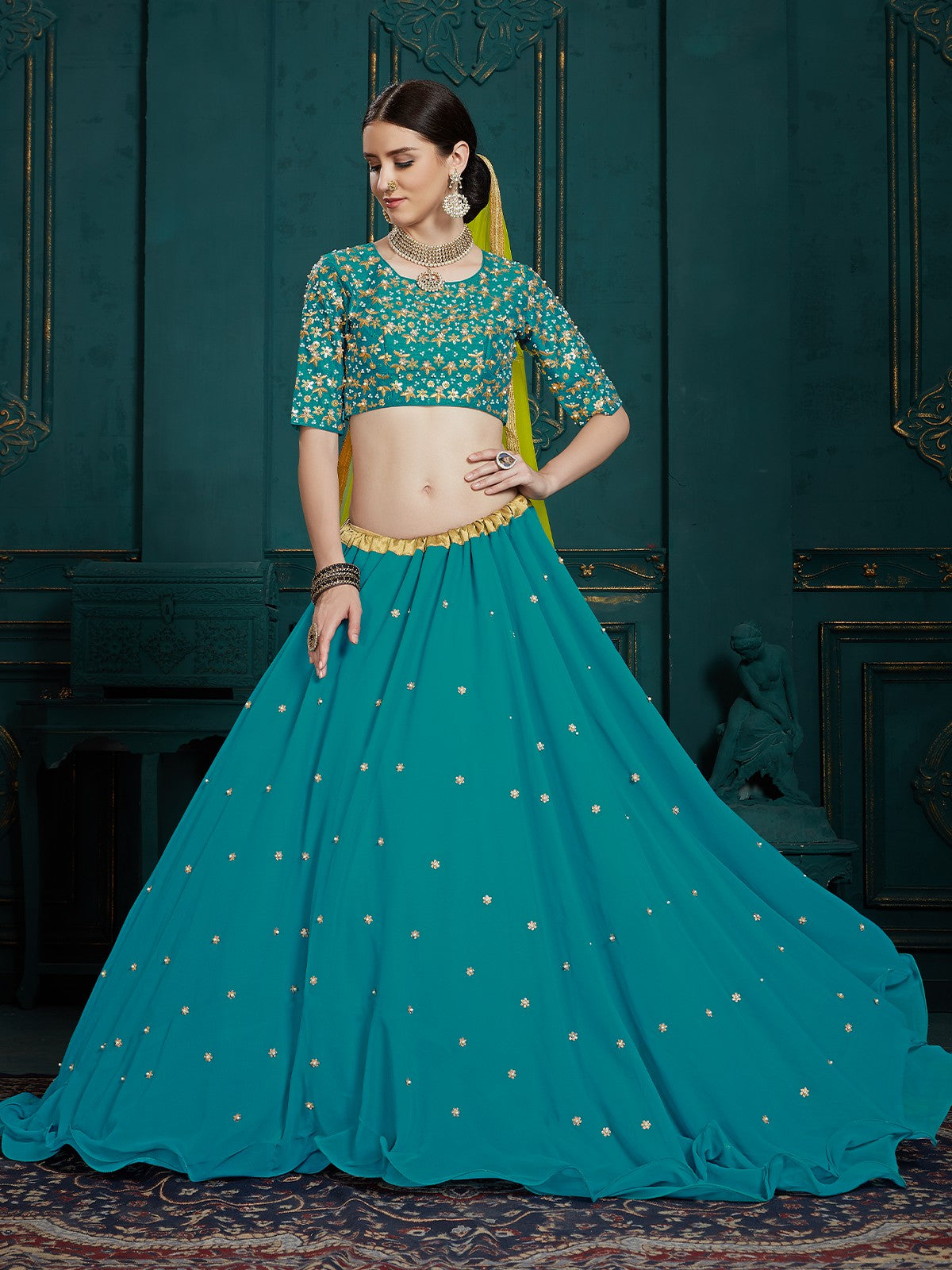 Teal Georgette Sassy Semi Stitched Lehenga With Unstitched Blouse