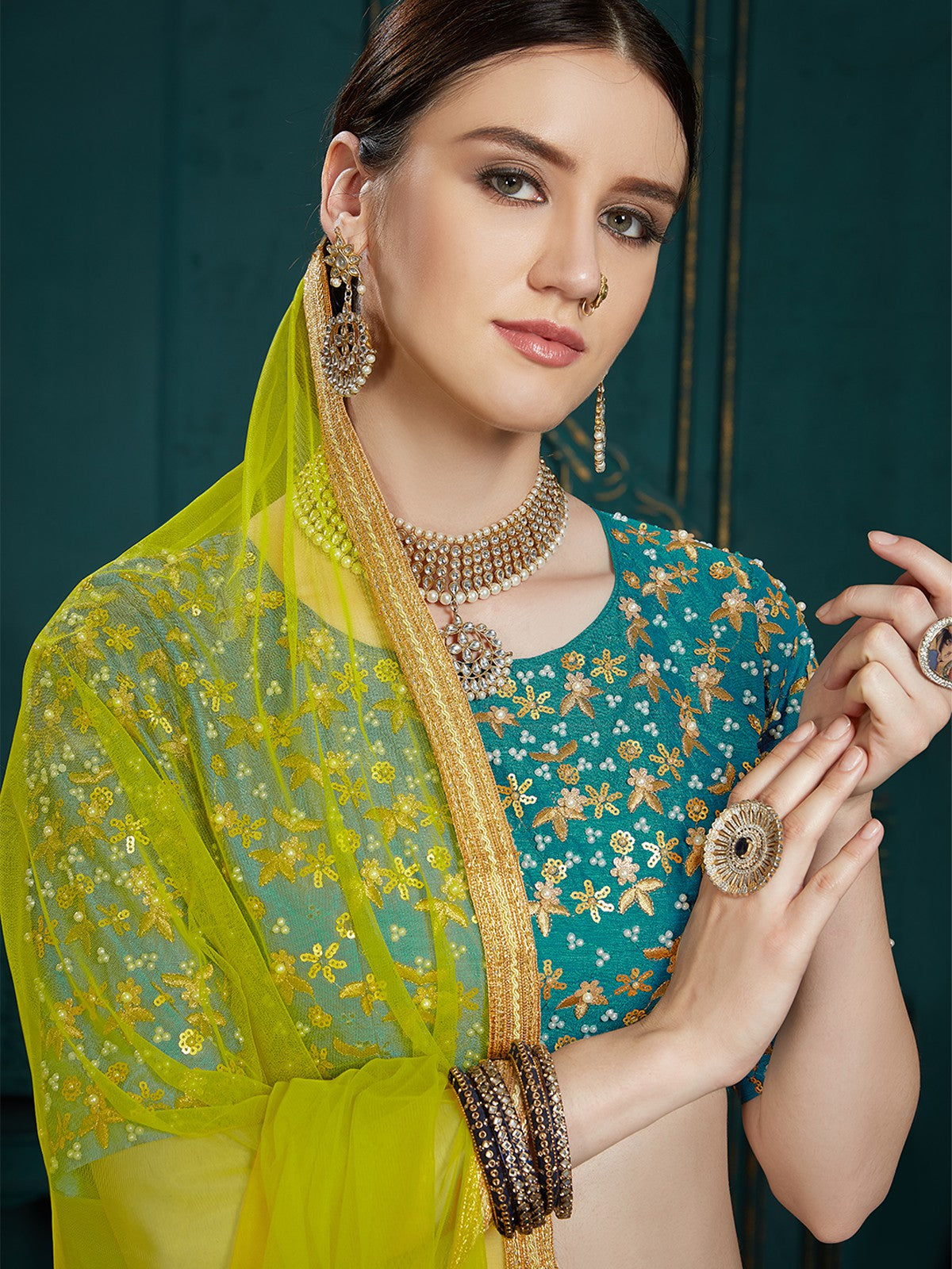Teal Georgette Sassy Semi Stitched Lehenga With Unstitched Blouse