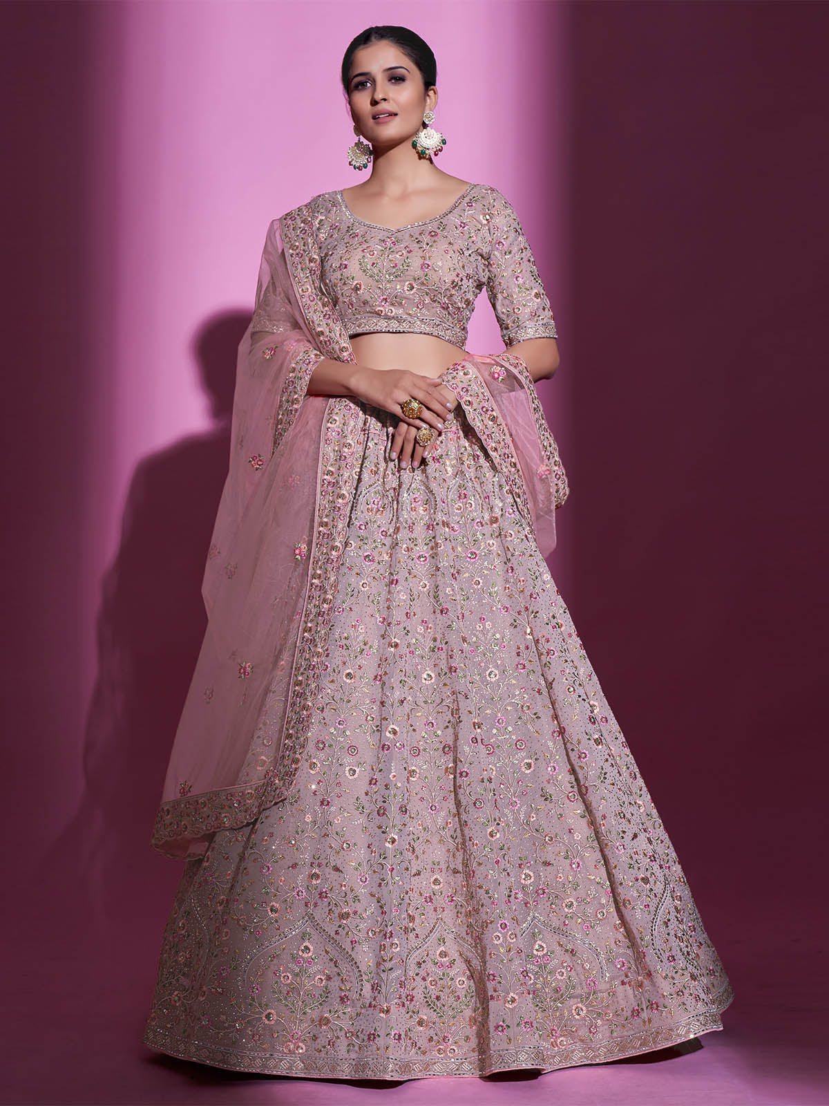 Peach Georgette Embroidered Semi Stitched Lehenga With Unstitched Blouse