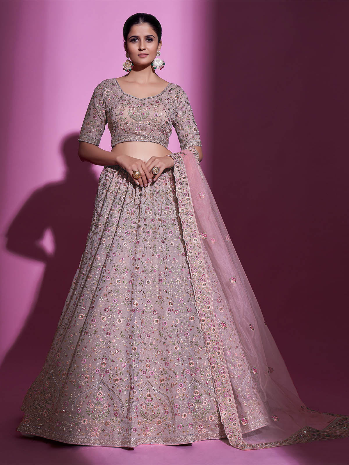 Peach Georgette Embroidered Semi Stitched Lehenga With Unstitched Blouse