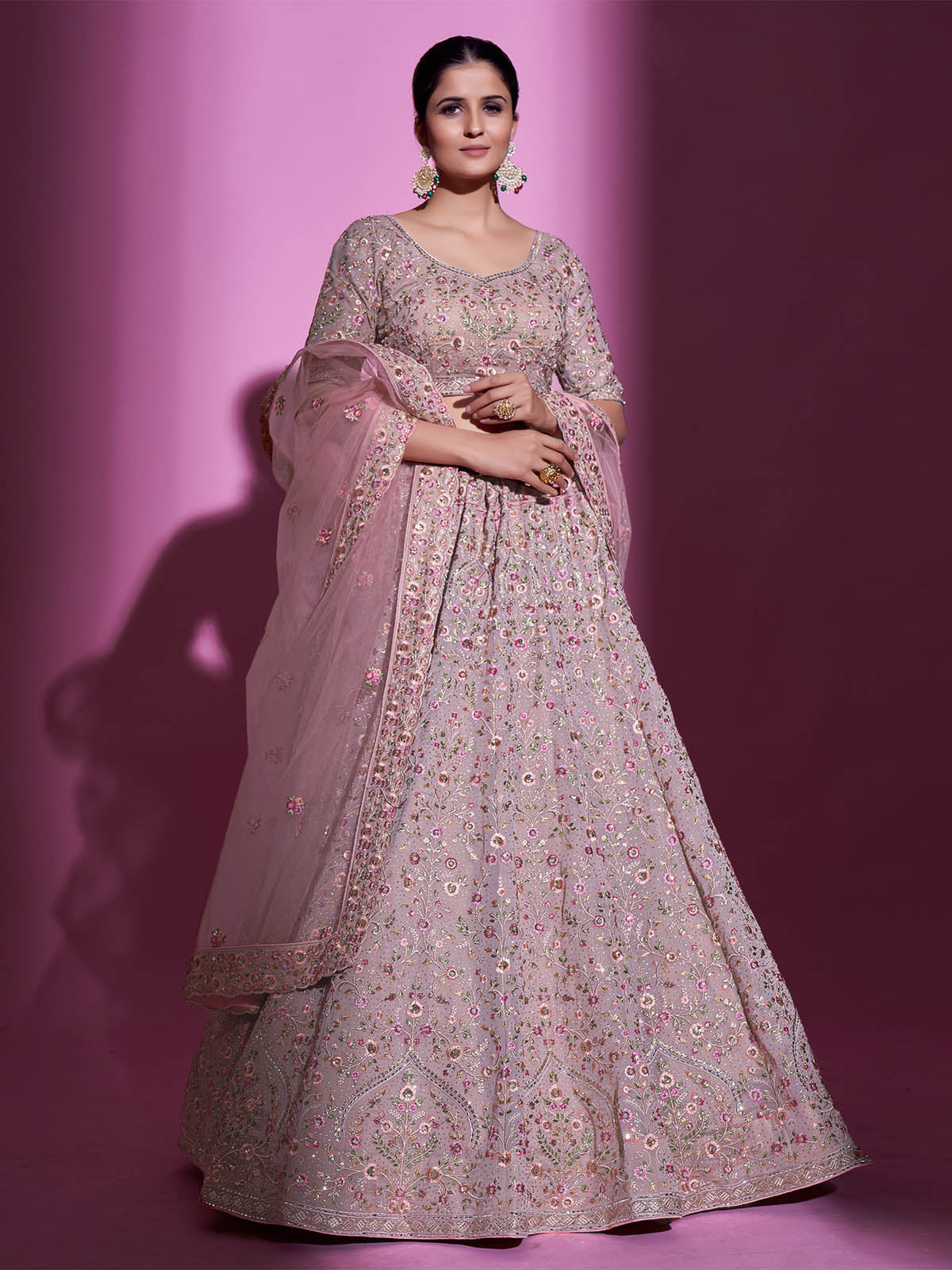 Peach Georgette Embroidered Semi Stitched Lehenga With Unstitched Blouse
