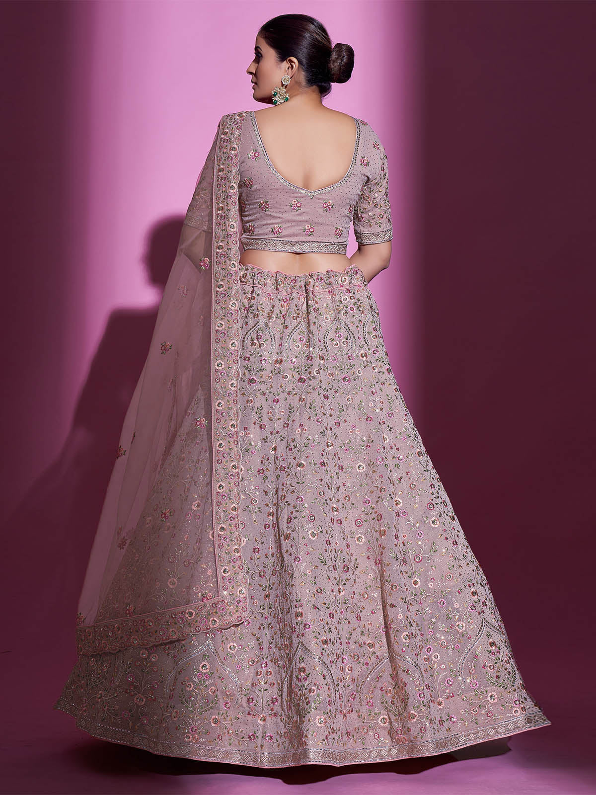 Peach Georgette Embroidered Semi Stitched Lehenga With Unstitched Blouse