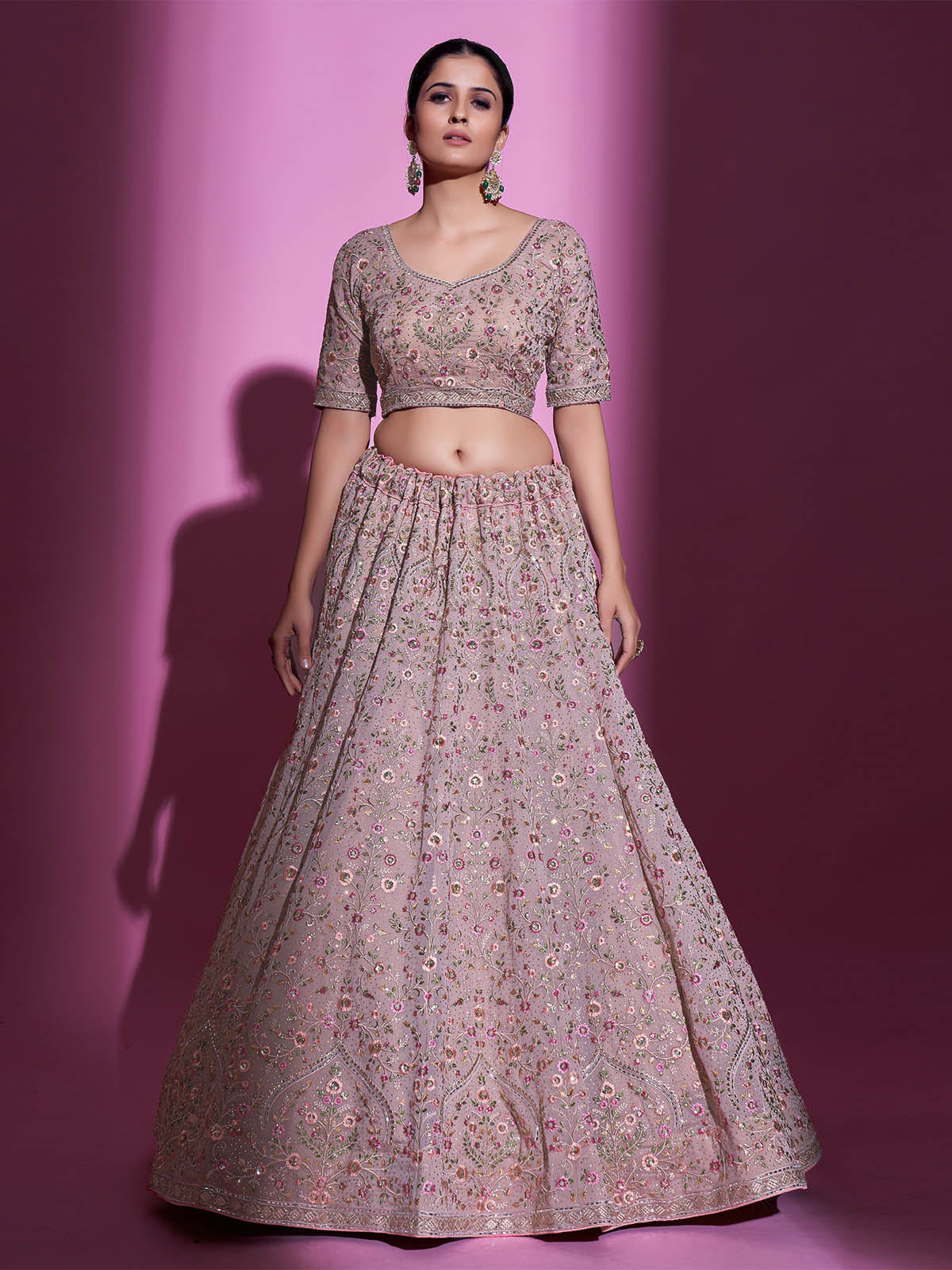 Peach Georgette Embroidered Semi Stitched Lehenga With Unstitched Blouse