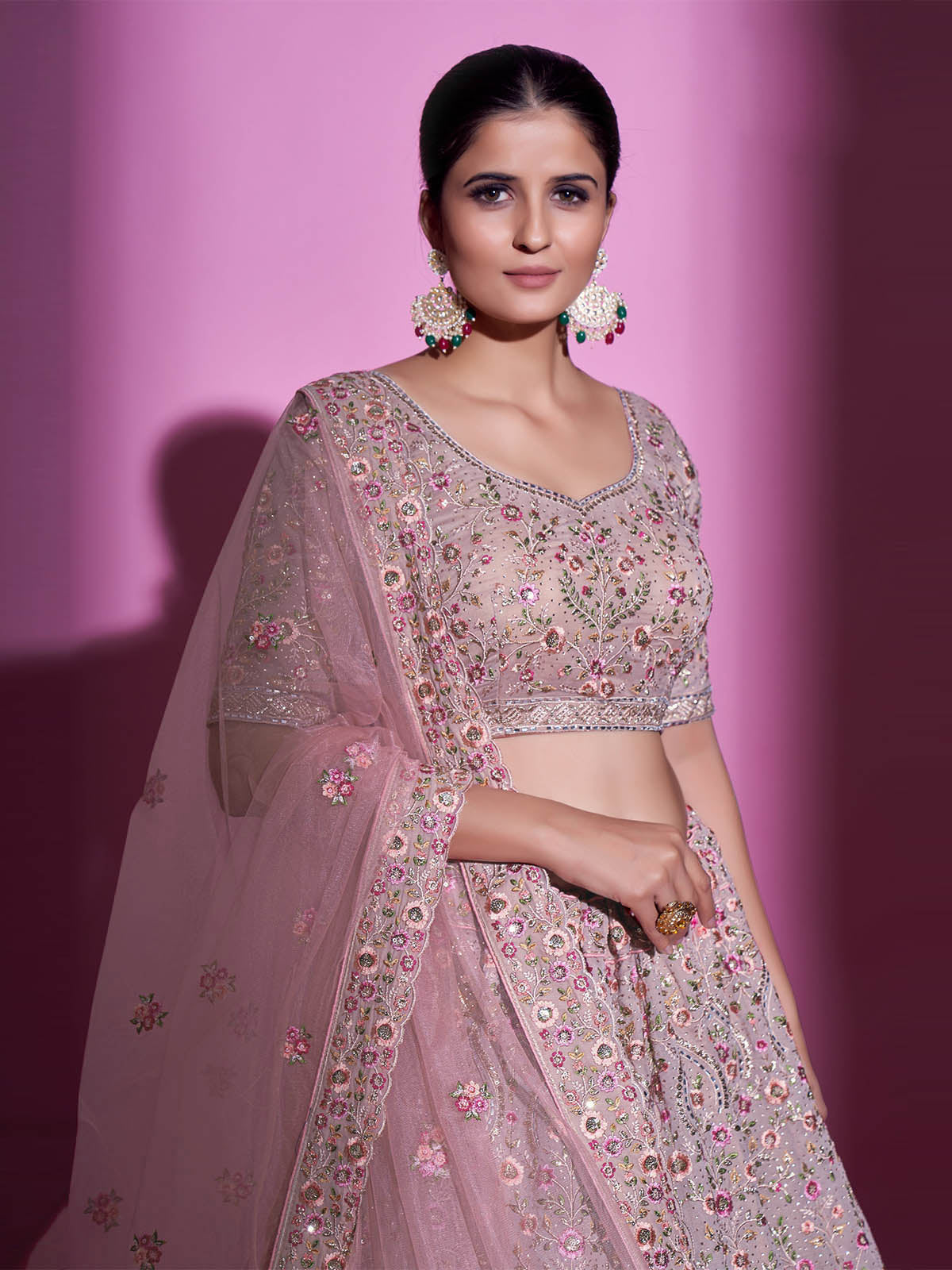 Peach Georgette Embroidered Semi Stitched Lehenga With Unstitched Blouse