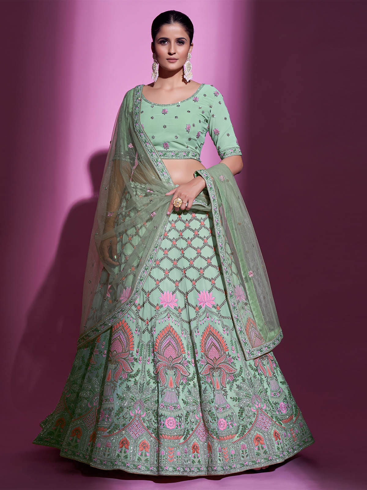Sea Green Georgette Embroidered Semi Stitched Lehenga With Unstitched Blouse