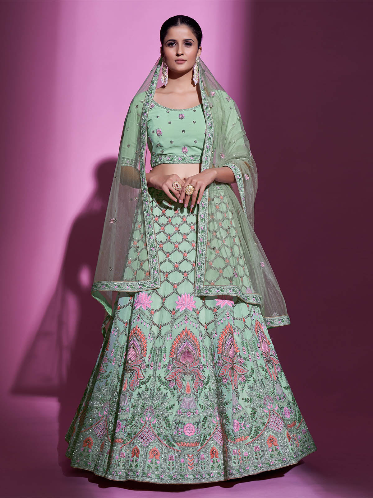 Sea Green Georgette Embroidered Semi Stitched Lehenga With Unstitched Blouse