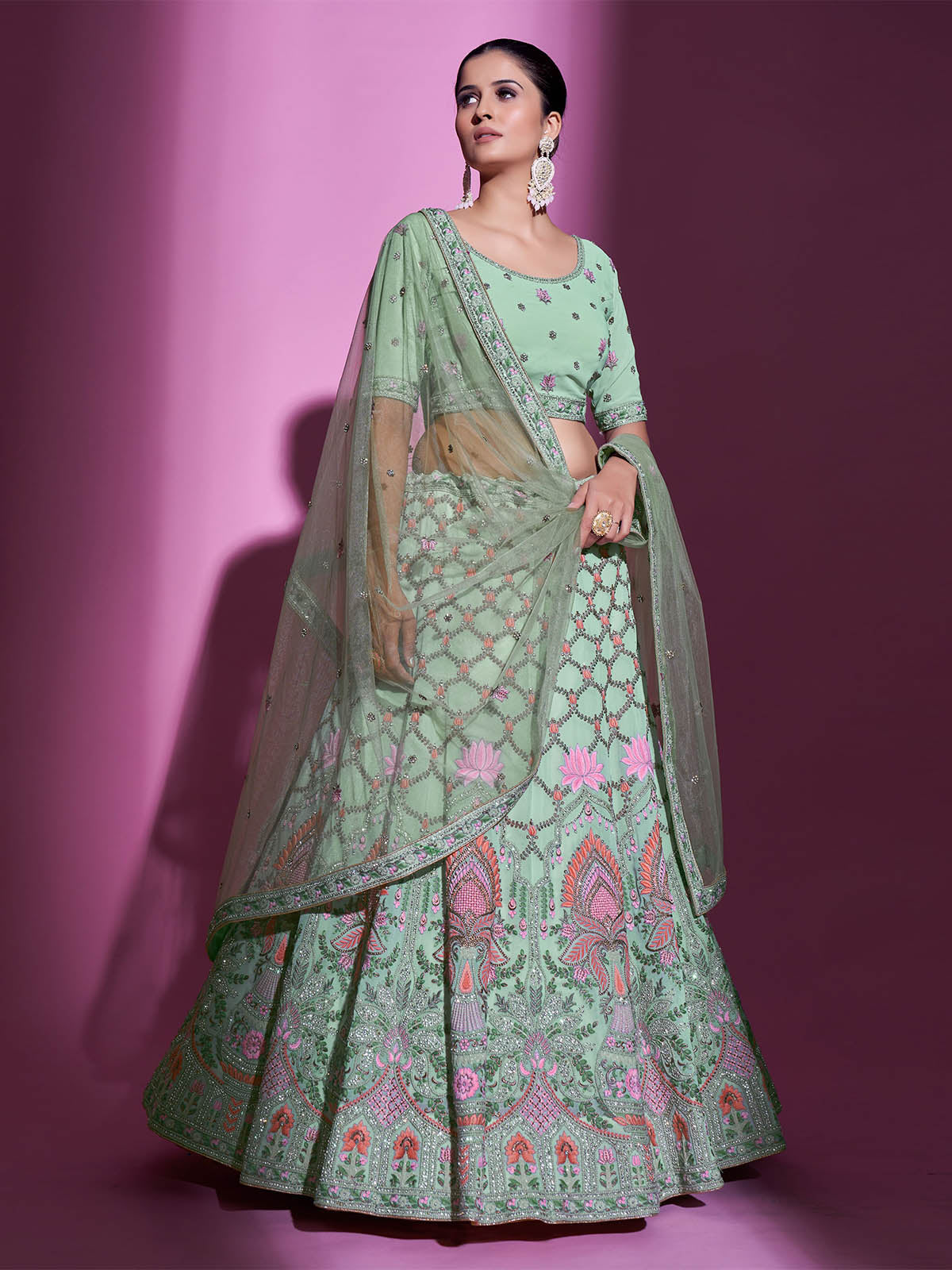 Sea Green Georgette Embroidered Semi Stitched Lehenga With Unstitched Blouse