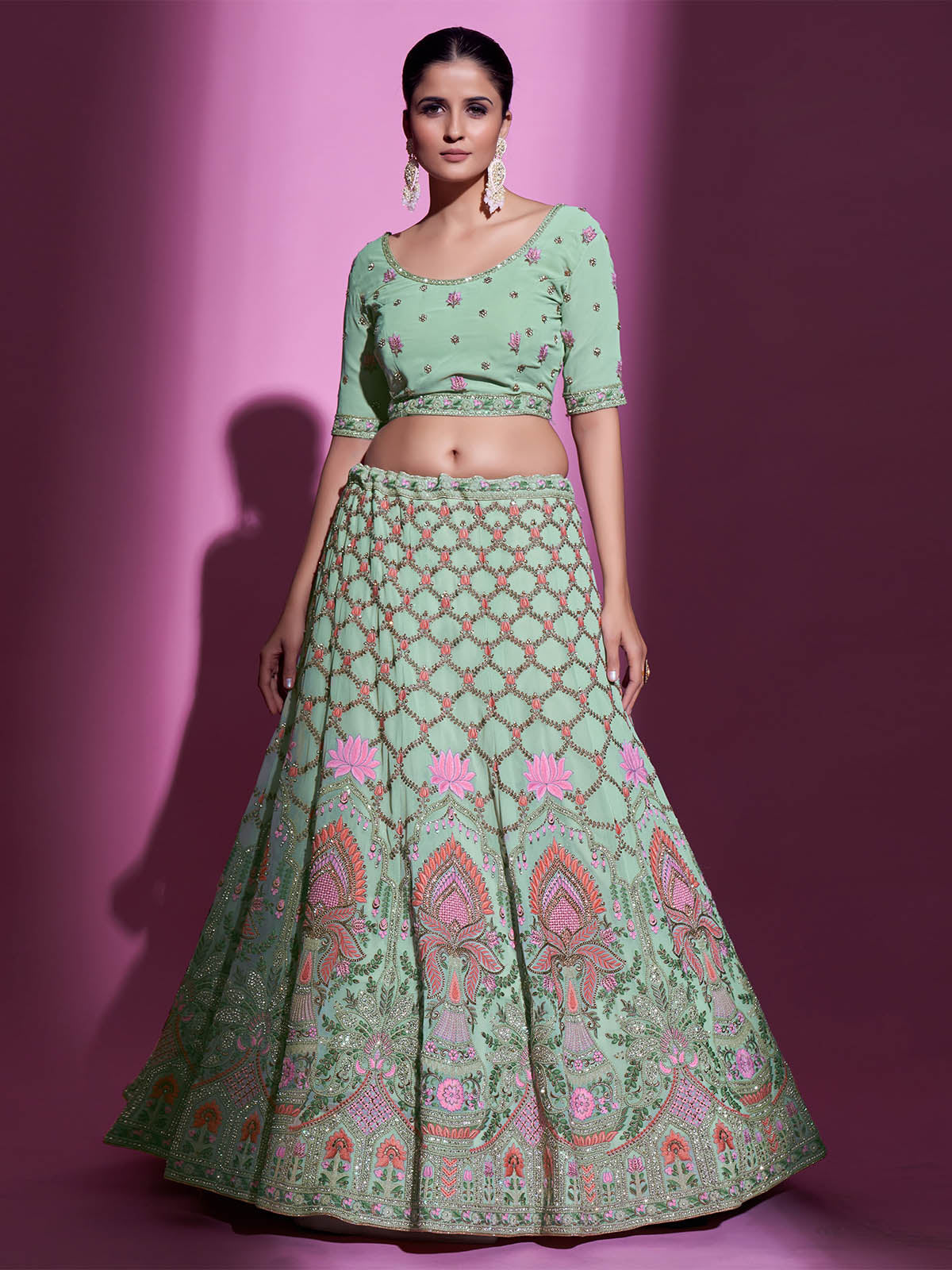 Sea Green Georgette Embroidered Semi Stitched Lehenga With Unstitched Blouse