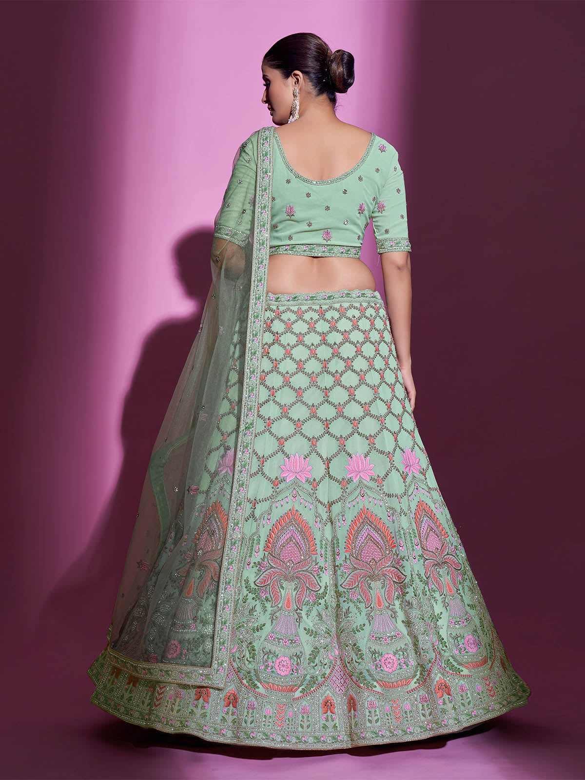 Sea Green Georgette Embroidered Semi Stitched Lehenga With Unstitched Blouse