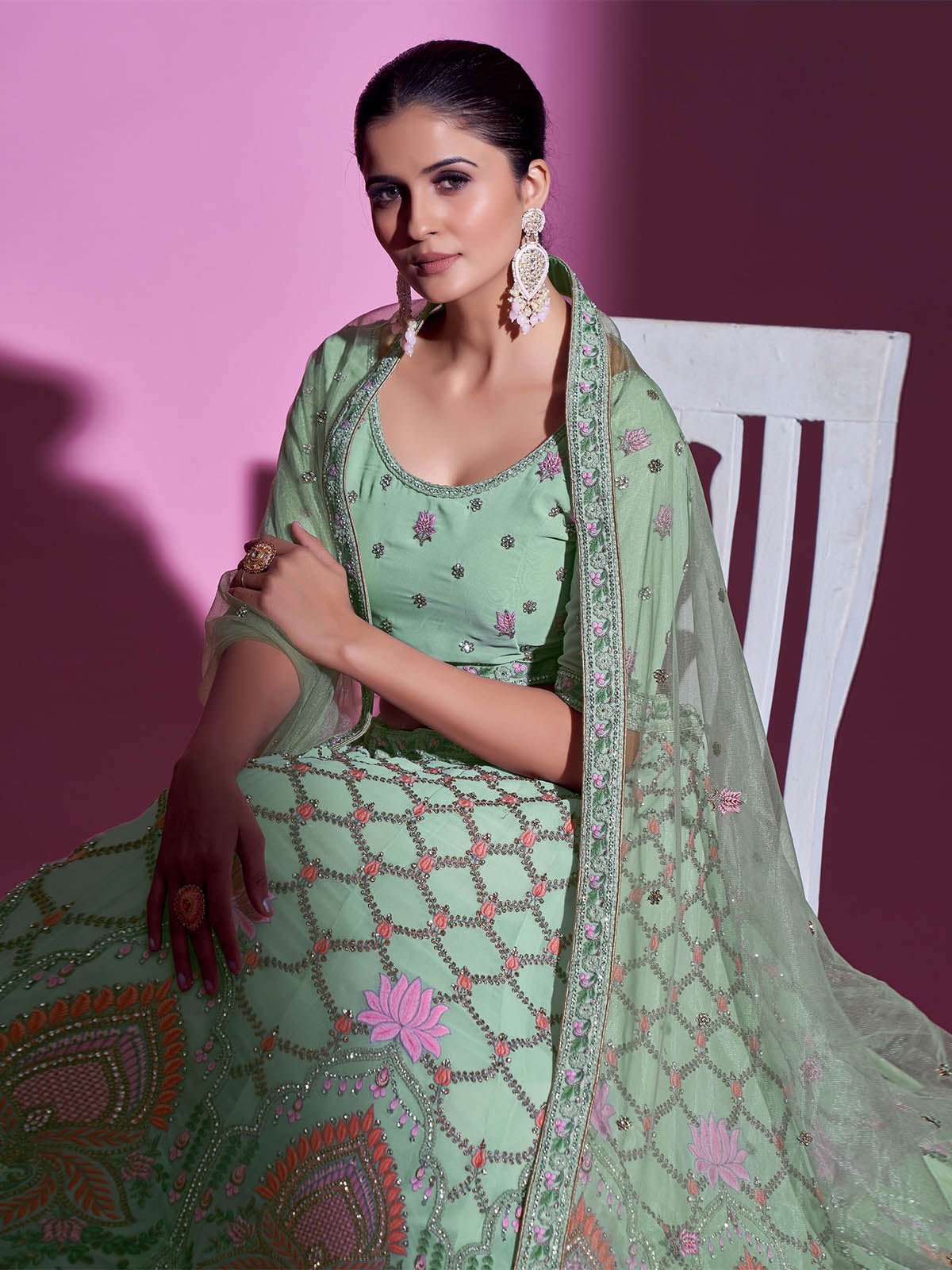 Sea Green Georgette Embroidered Semi Stitched Lehenga With Unstitched Blouse