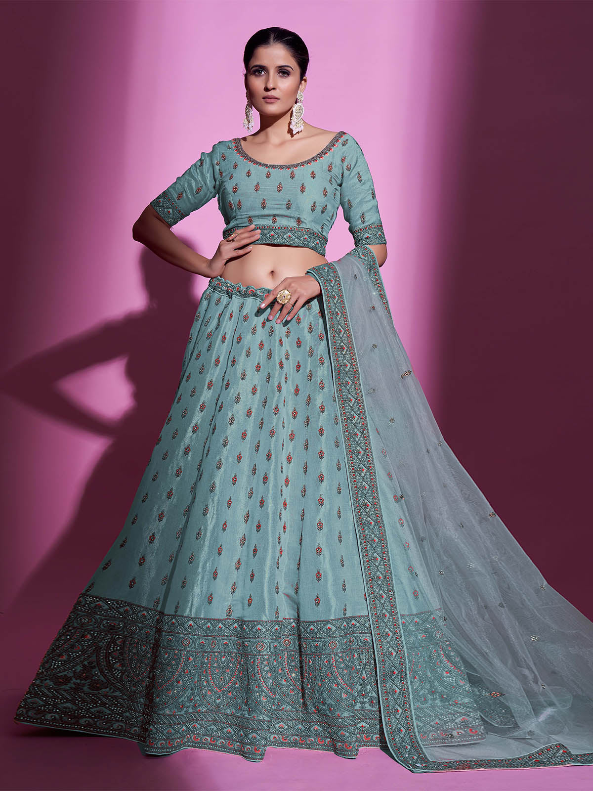 Blue Silk Blend Embroidered Semi Stitched Lehenga With Unstitched Blouse