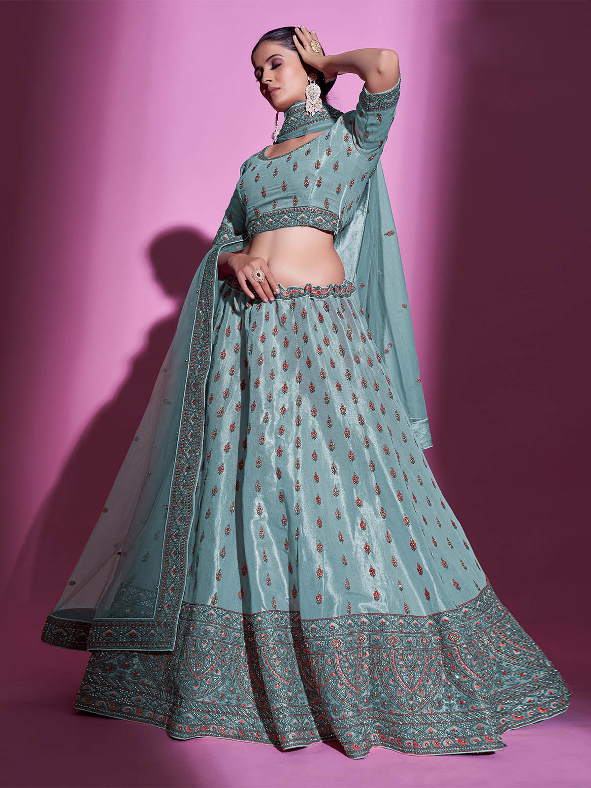Blue Silk Blend Embroidered Semi Stitched Lehenga With Unstitched Blouse