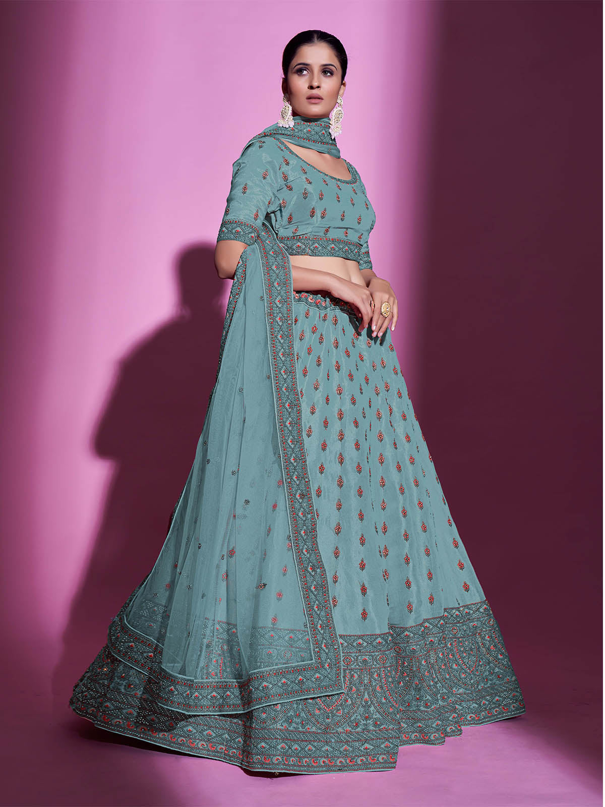 Blue Silk Blend Embroidered Semi Stitched Lehenga With Unstitched Blouse