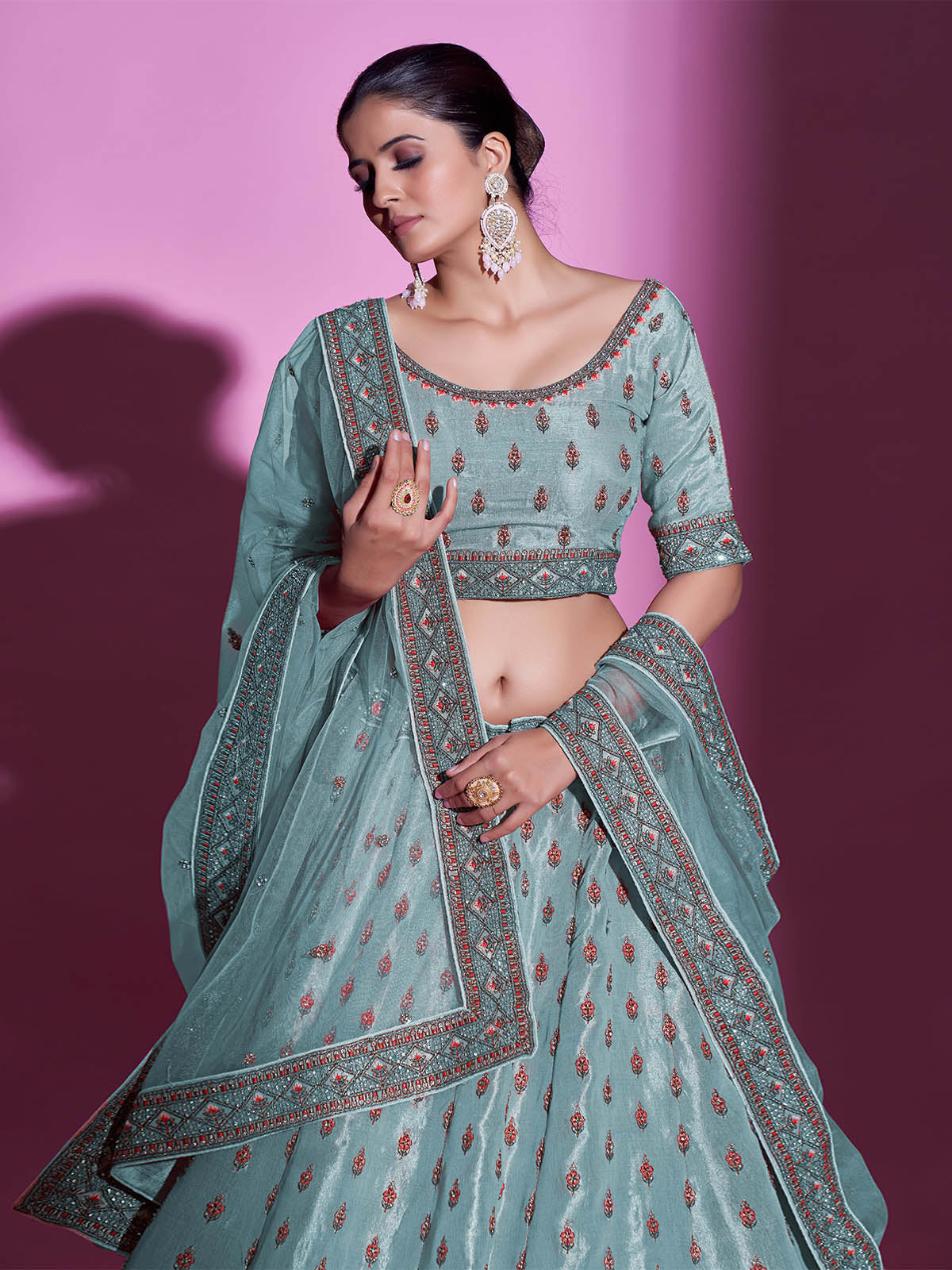 Blue Silk Blend Embroidered Semi Stitched Lehenga With Unstitched Blouse