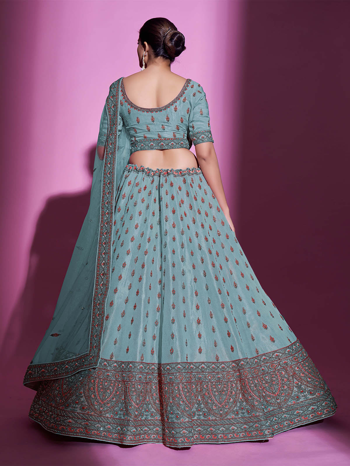 Blue Silk Blend Embroidered Semi Stitched Lehenga With Unstitched Blouse