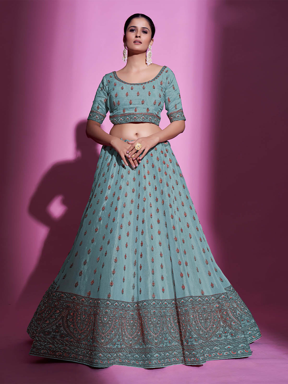 Blue Silk Blend Embroidered Semi Stitched Lehenga With Unstitched Blouse