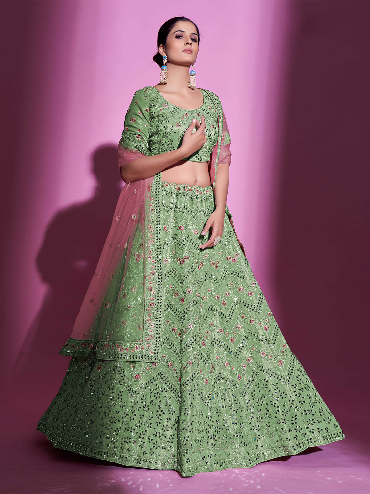 Green Silk Blend Embroidered Semi Stitched Lehenga With Unstitched Blouse