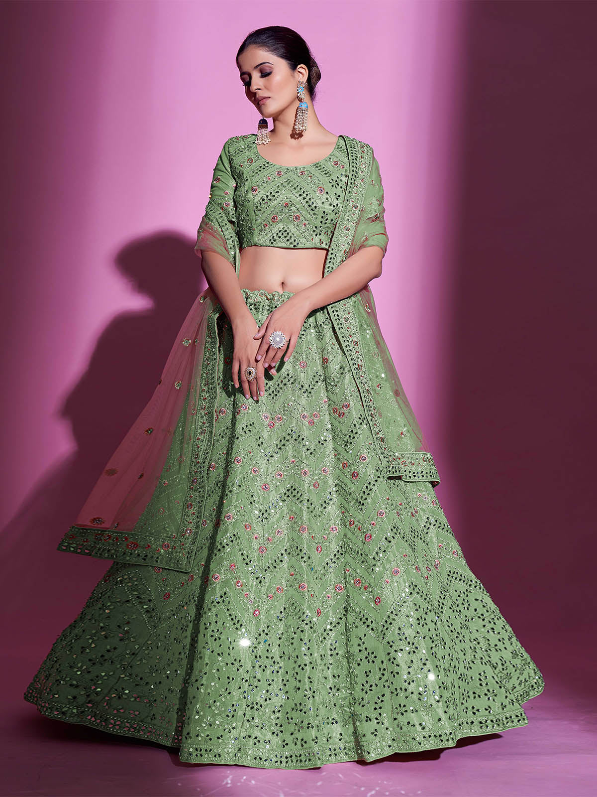 Green Silk Blend Embroidered Semi Stitched Lehenga With Unstitched Blouse