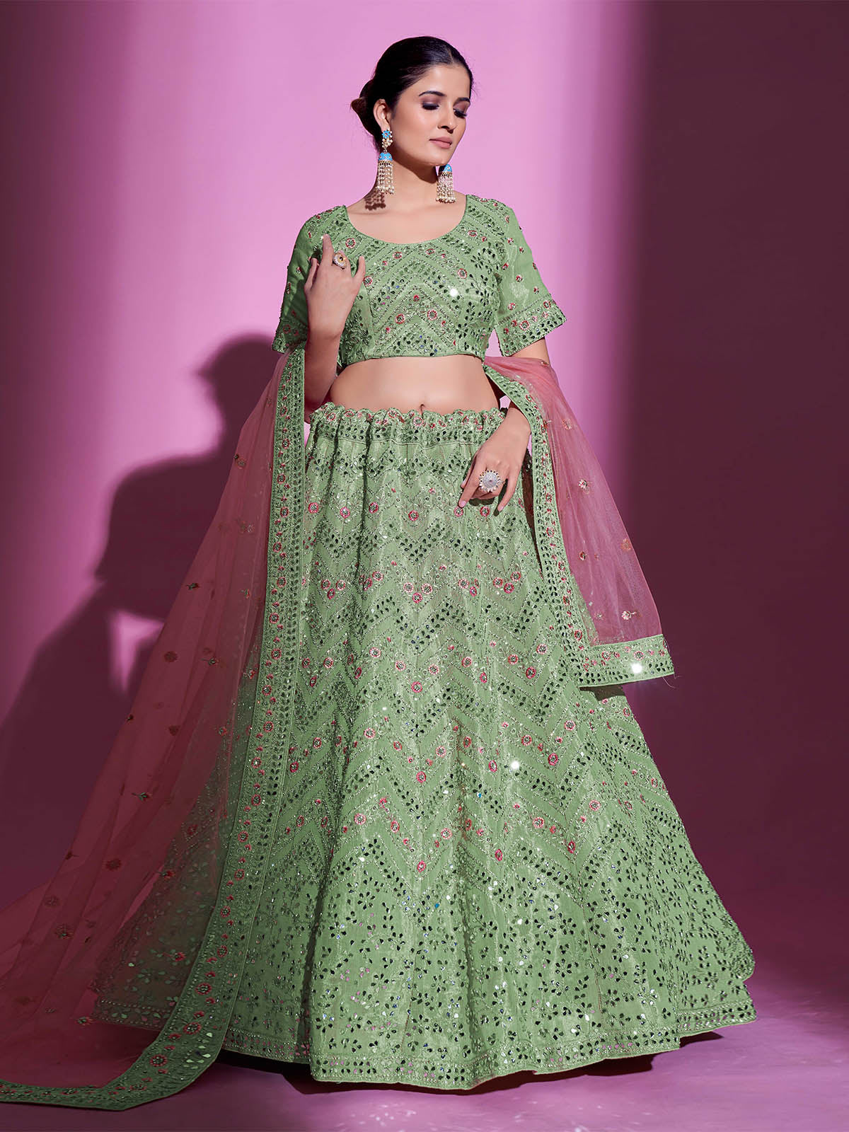 Green Silk Blend Embroidered Semi Stitched Lehenga With Unstitched Blouse