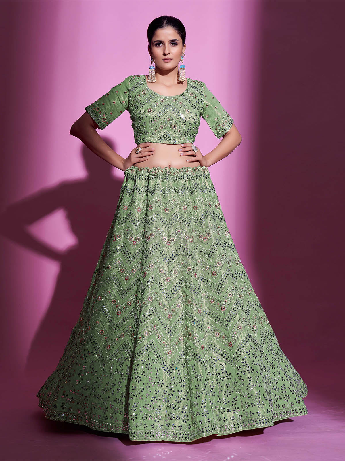 Green Silk Blend Embroidered Semi Stitched Lehenga With Unstitched Blouse