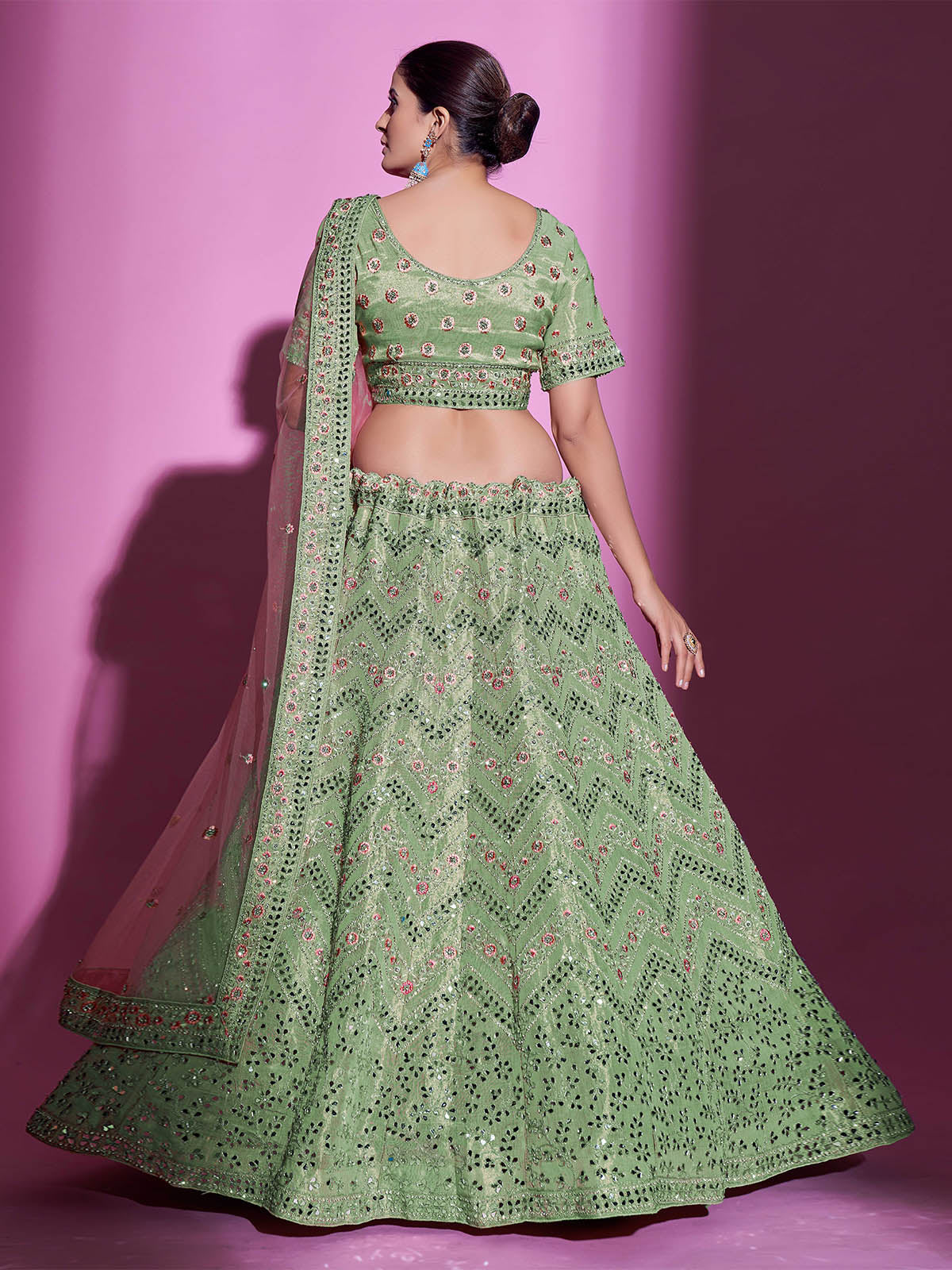 Green Silk Blend Embroidered Semi Stitched Lehenga With Unstitched Blouse