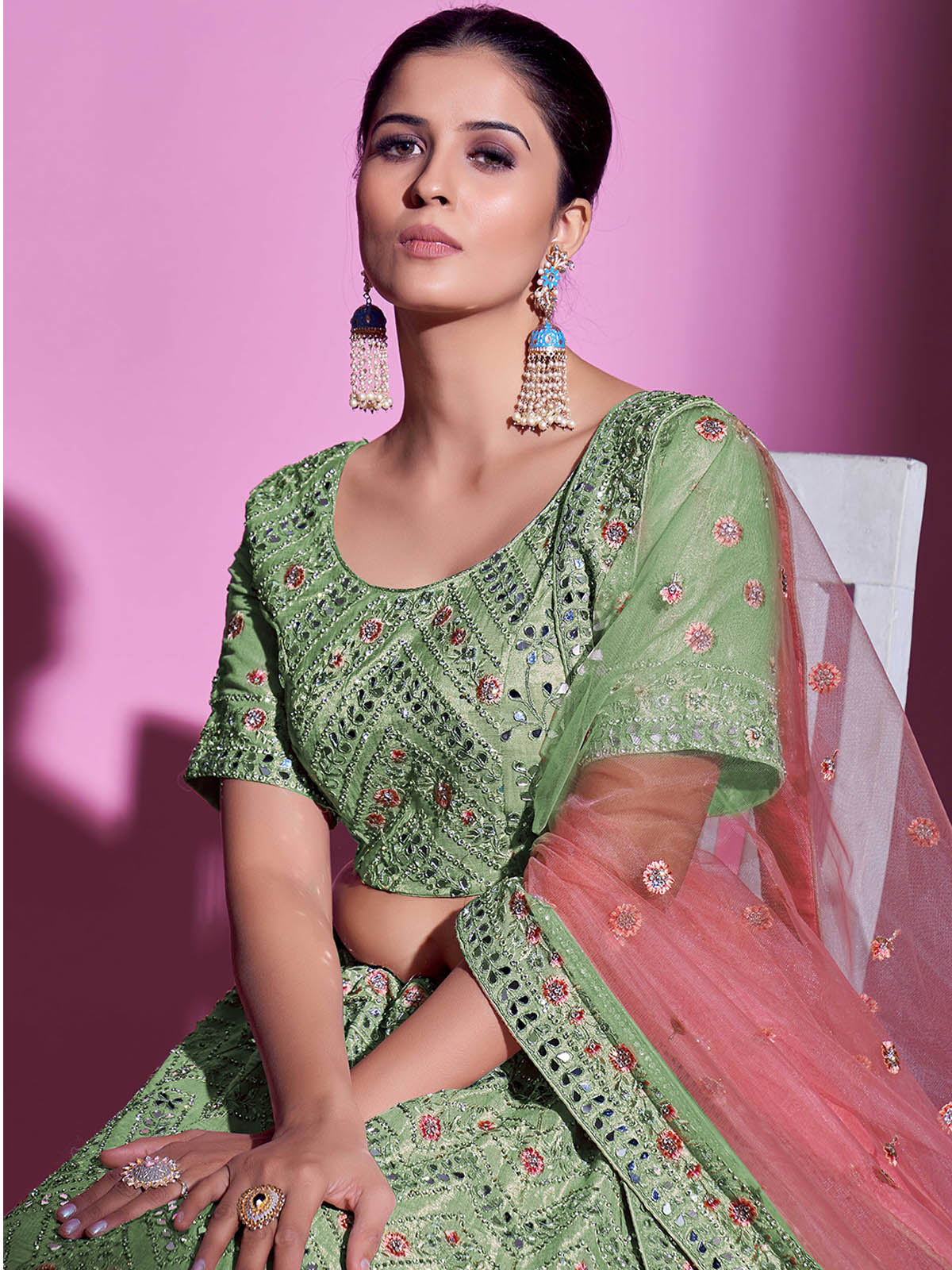 Green Silk Blend Embroidered Semi Stitched Lehenga With Unstitched Blouse