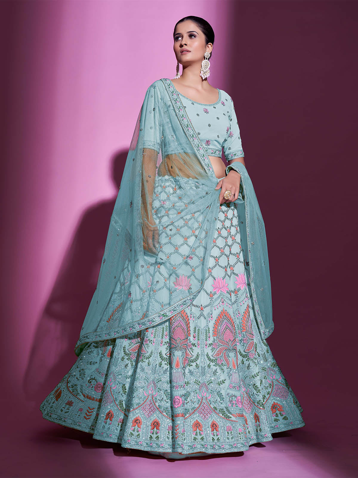 Blue Georgette Embroidered Semi Stitched Lehenga With Unstitched Blouse