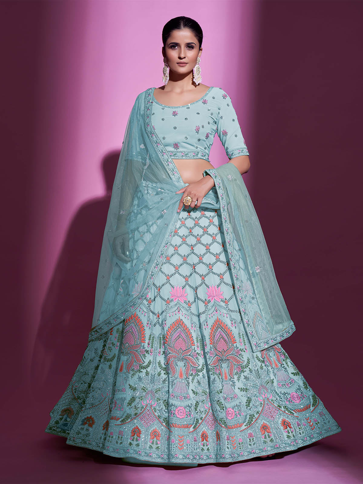Blue Georgette Embroidered Semi Stitched Lehenga With Unstitched Blouse