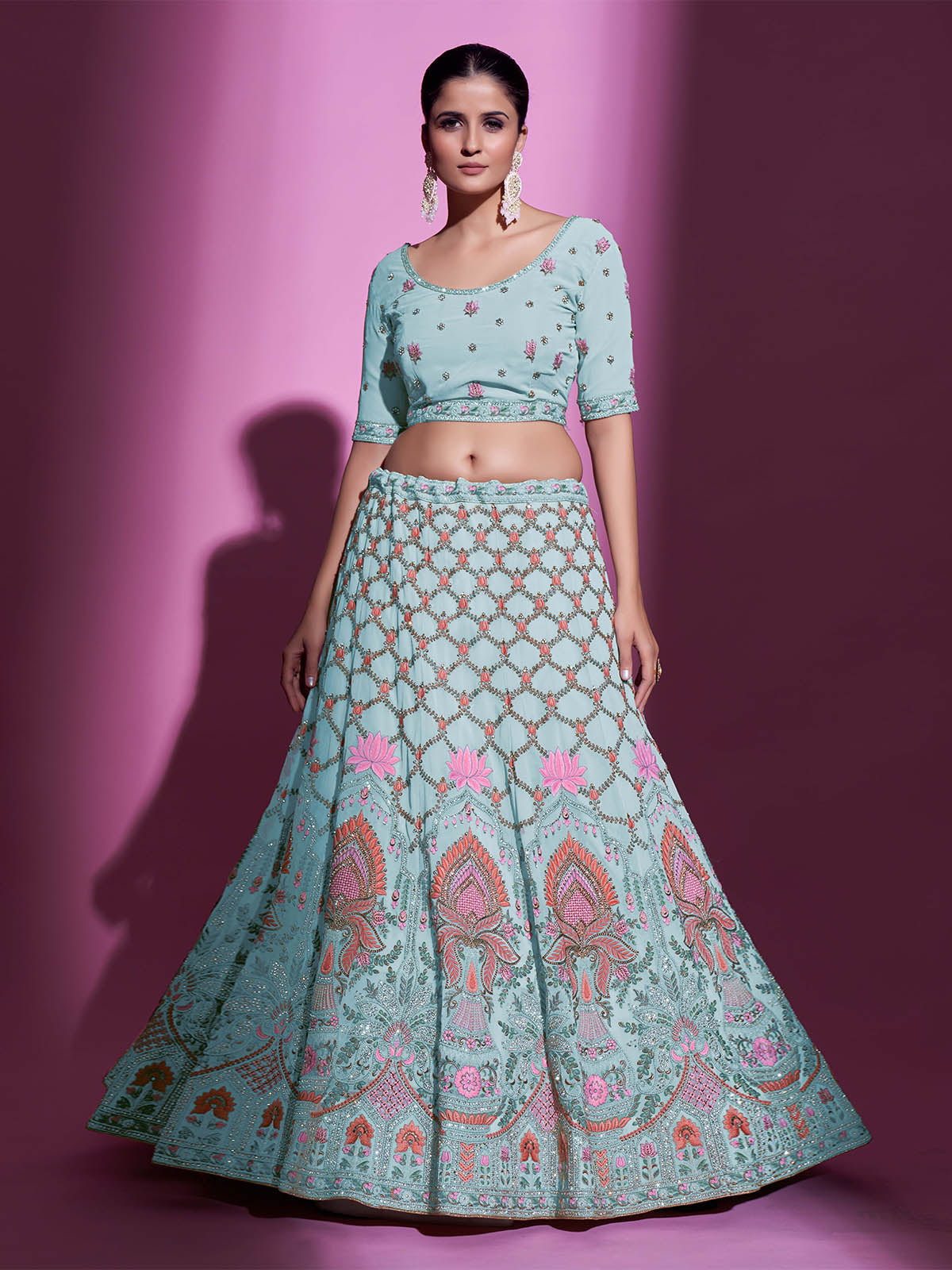 Blue Georgette Embroidered Semi Stitched Lehenga With Unstitched Blouse