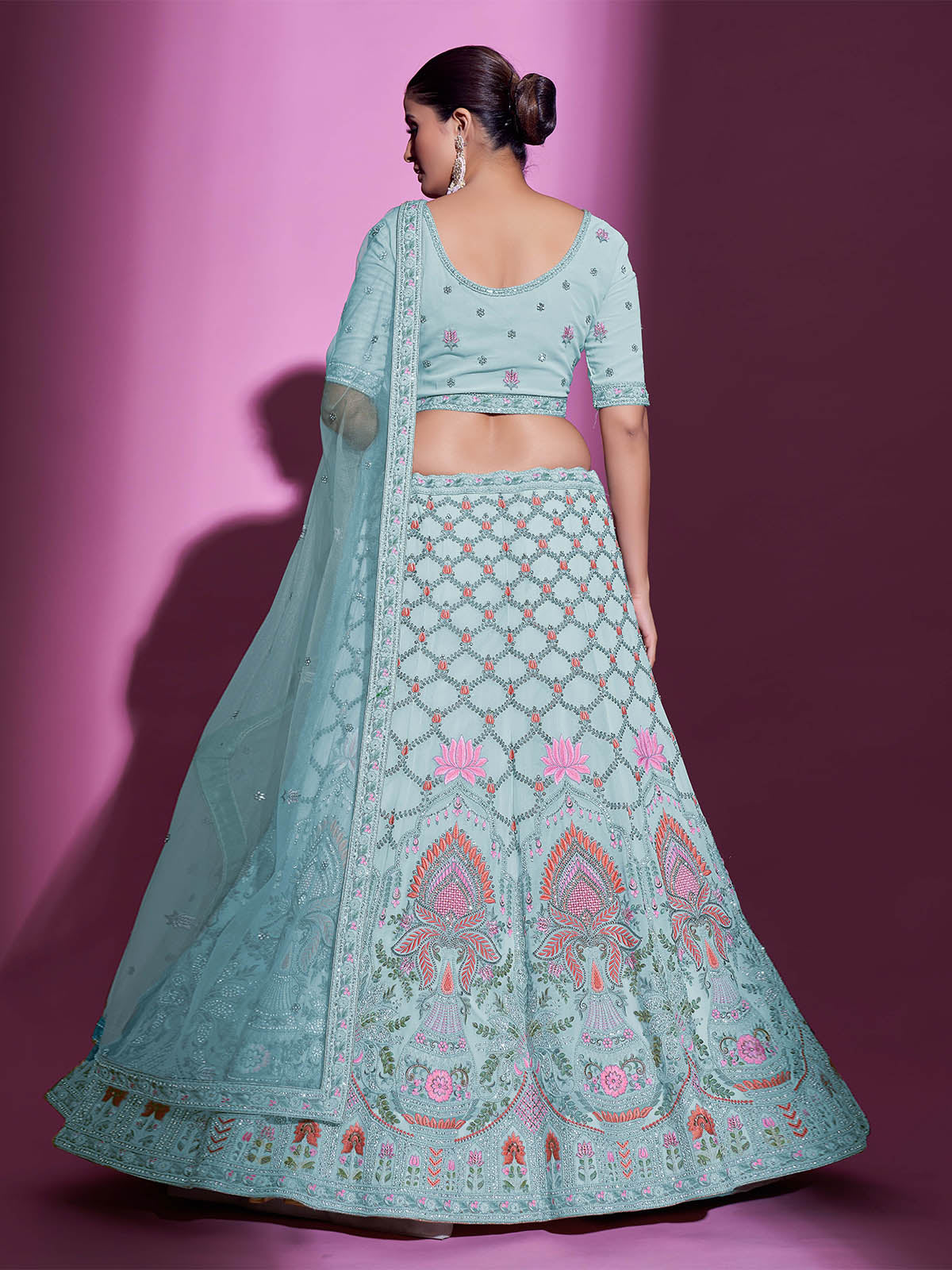 Blue Georgette Embroidered Semi Stitched Lehenga With Unstitched Blouse