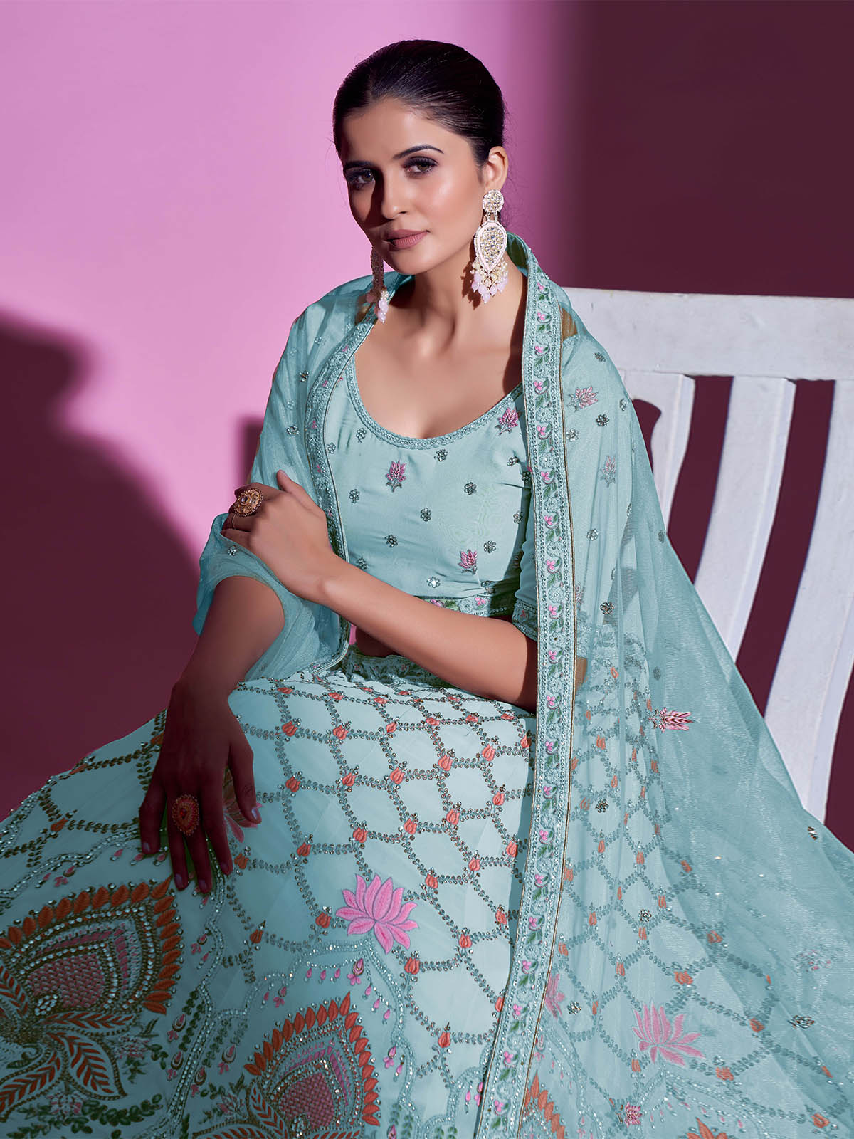 Blue Georgette Embroidered Semi Stitched Lehenga With Unstitched Blouse