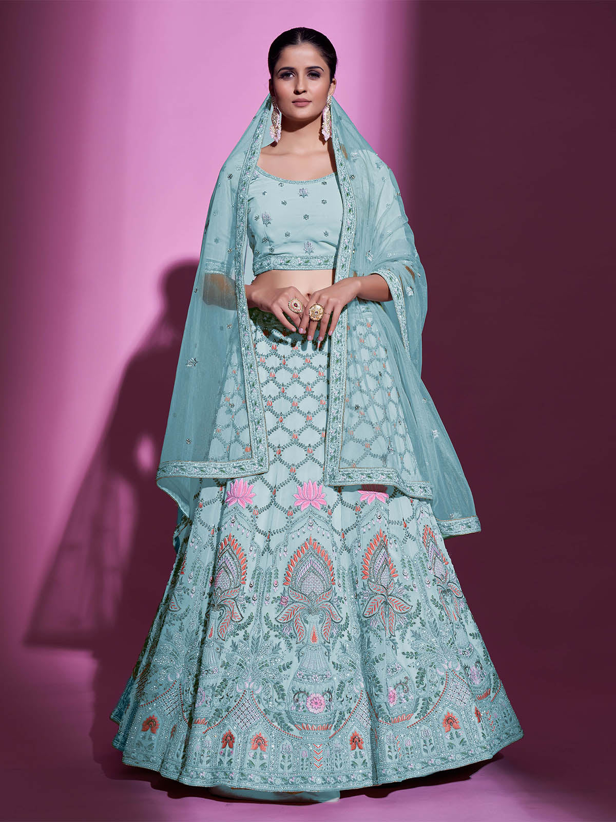 Blue Georgette Embroidered Semi Stitched Lehenga With Unstitched Blouse