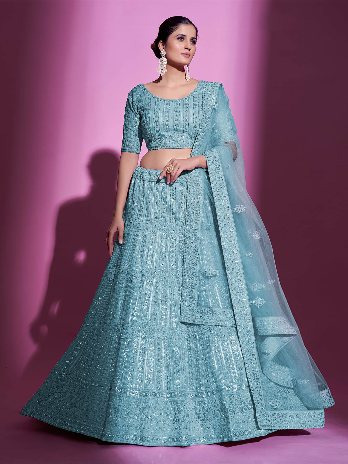 Blue Net Embroidered Semi Stitched Lehenga With Unstitched Blouse